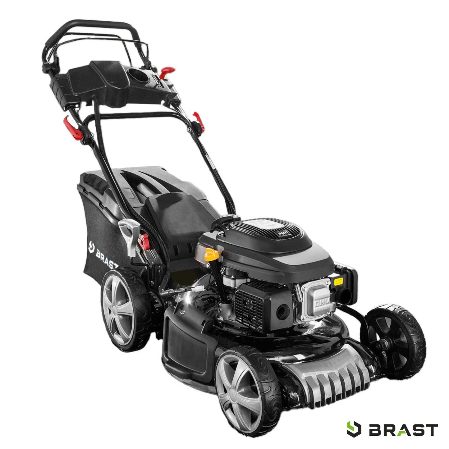 Schwarzer BRAST Benzin-Rasenmäher mit Elektrostart, Radantrieb und Mulchfunktion, 4-Takt-Motor, großer Grasfangkorb.