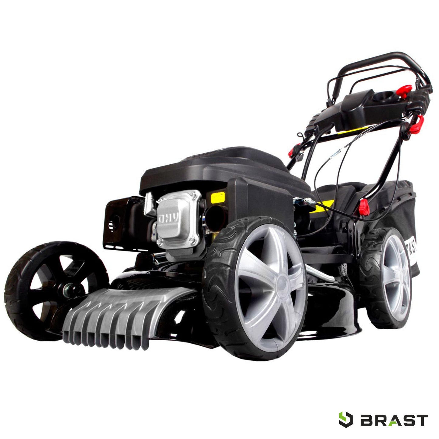 Schwarzer Benzin-Rasenmäher mit großem Grasfangkorb, Elektrostart und robustem 4-Takt-Motor.