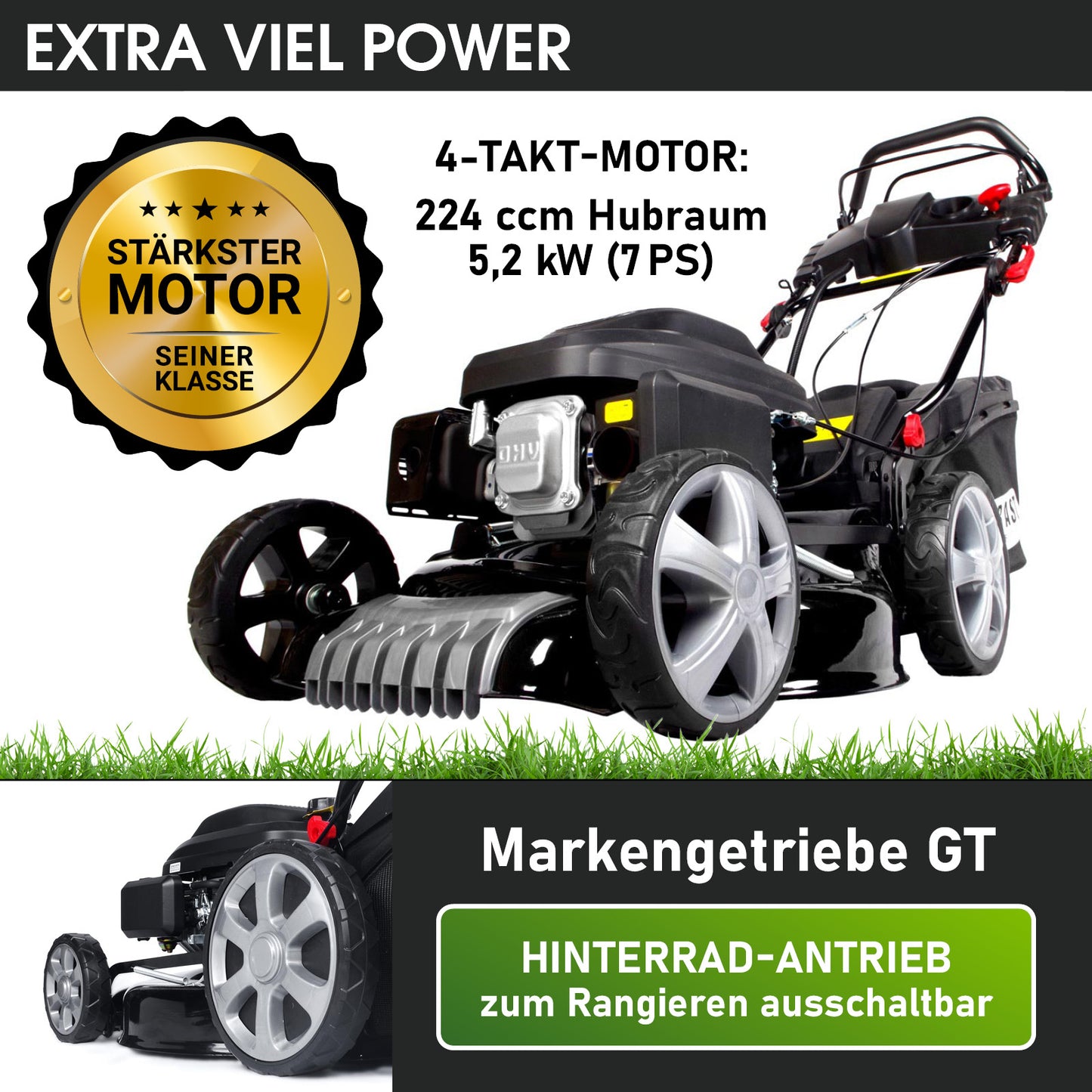 Schwarzer Benzinrasenmäher mit Elektrostart, Radantrieb, Mulchfunktion und 4-Takt-Motor, graue Räder.