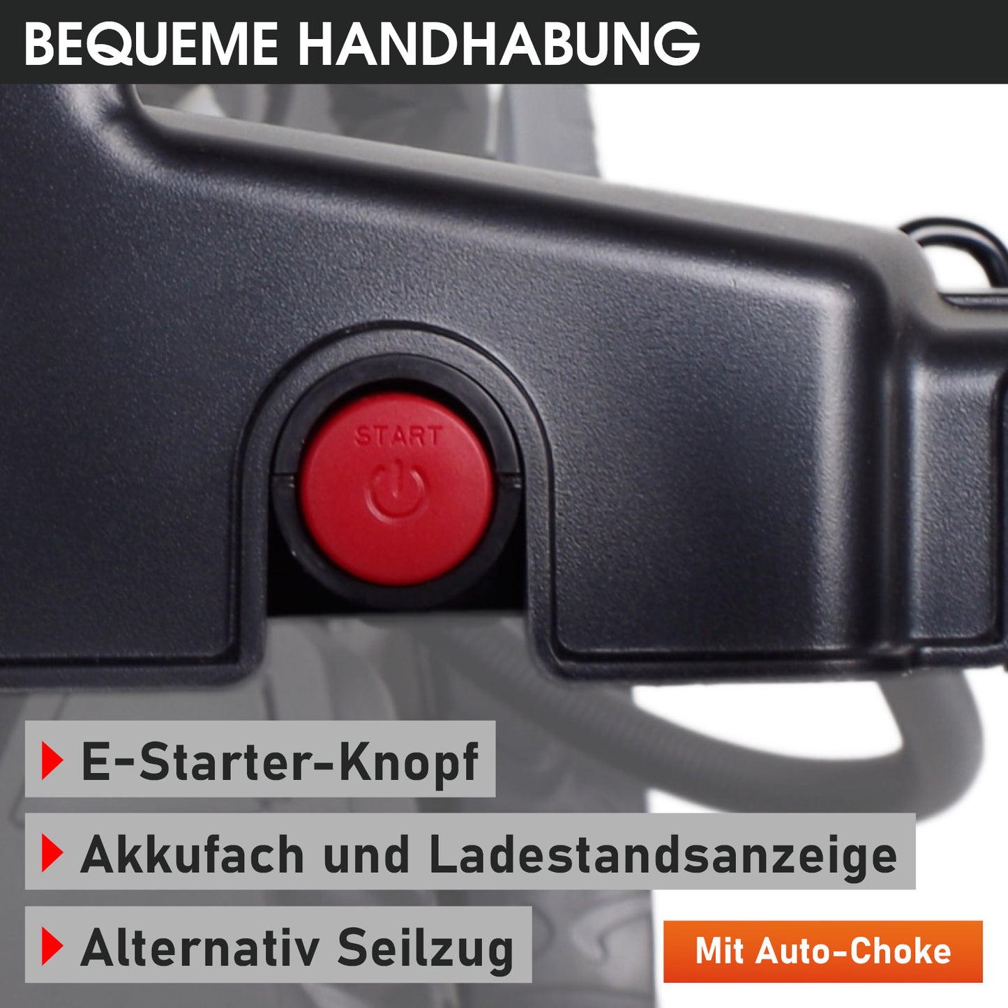 Roter E-Starter-Knopf am schwarzen Griff mit Akku- und Ladestandsanzeige am Benzinrasenmäher.