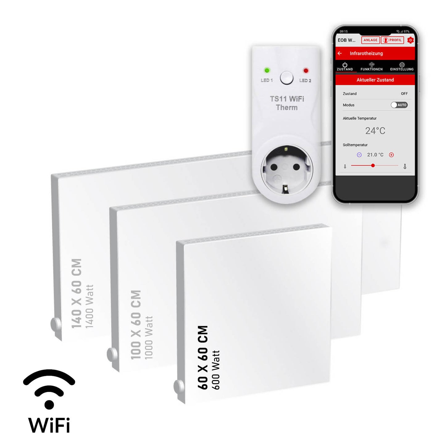 Weißes rechteckiges Hybrid-Heizpaneel in zwei Größen mit Wifi-fähigem Thermostat und Smartphone-Steuerung.