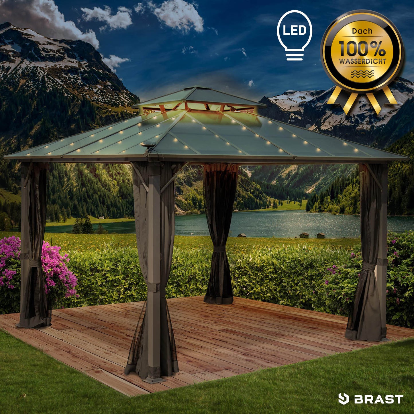 Dunkelgrauer Alu Gartenpavillon 3,5x3,5m mit LED-Beleuchtung, Moskitonetz, sturmfest und winterfest.