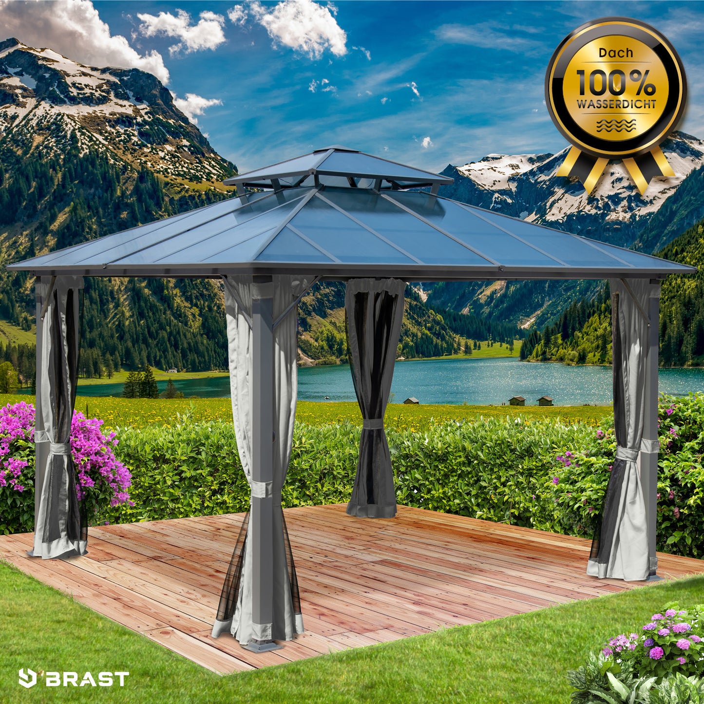 Hellgrauer Alu Gartenpavillon 3,5x3,5m mit Moskitonetz, sturmfest, wasserdicht, winterfest, ganzjährig stabil.