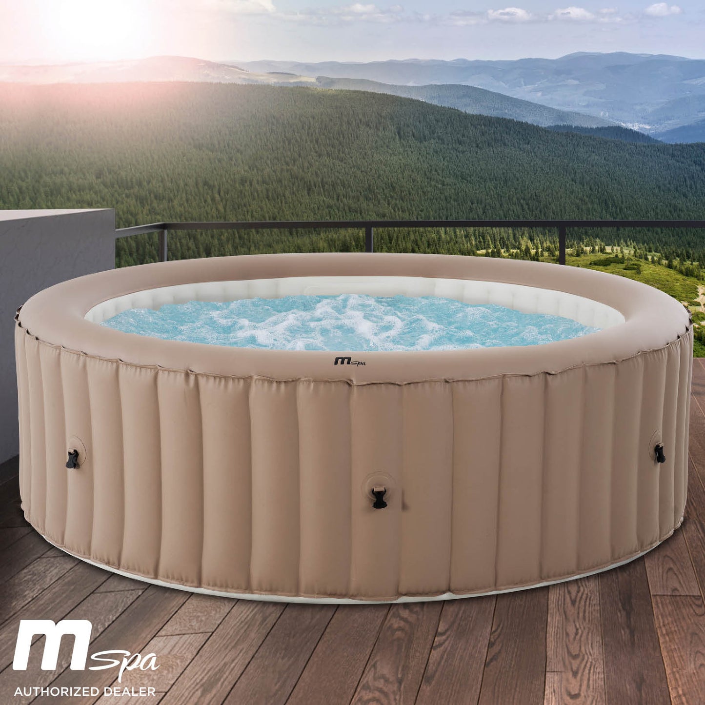 Beiger aufblasbarer Whirlpool outdoor für 8 Personen mit sprudelndem Wasser, Garten Jacuzzi.