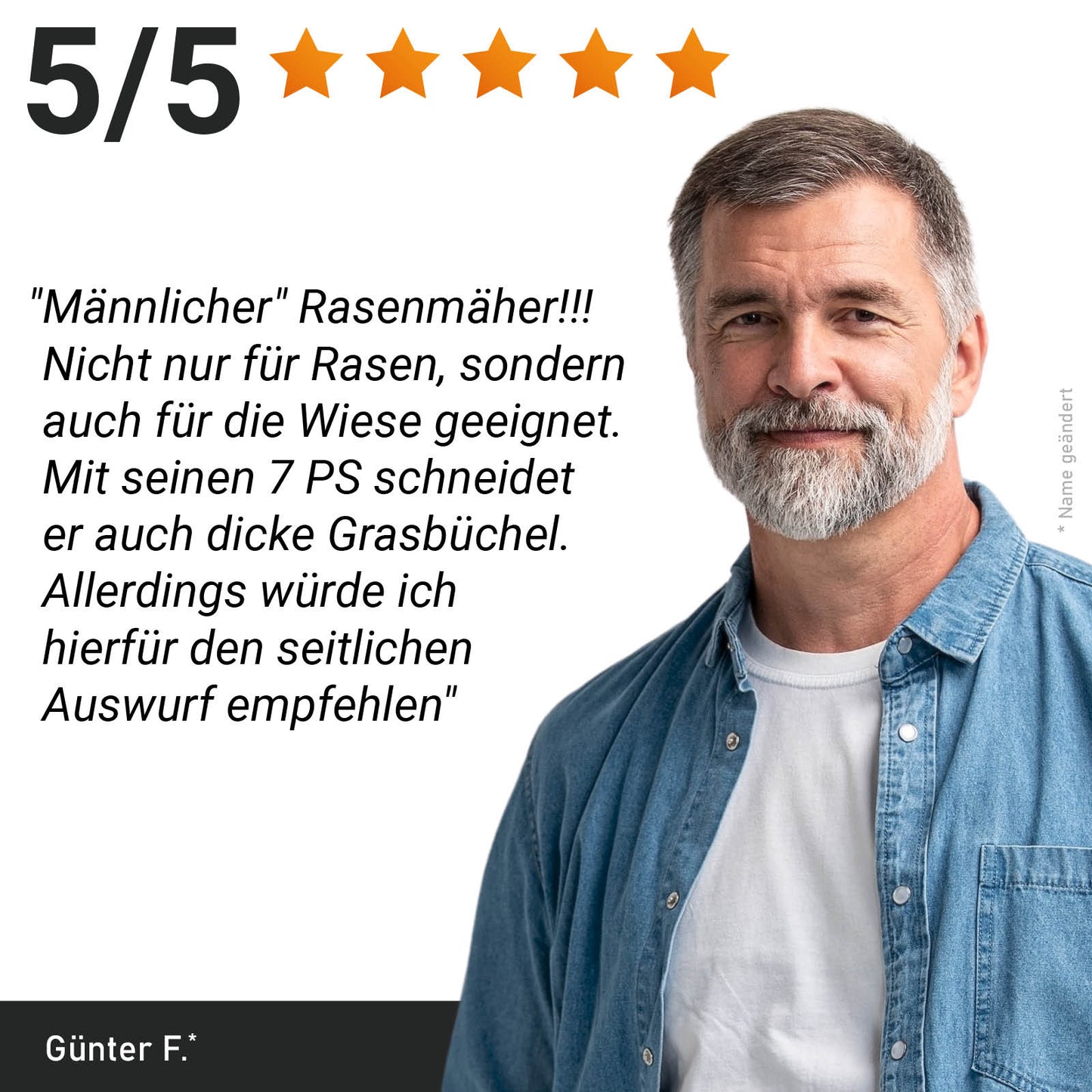 Männlicher Kunde mit grauem Bart und blauem Hemd vor weißem Hintergrund neben Kundenbewertung mit 5 Sternen.