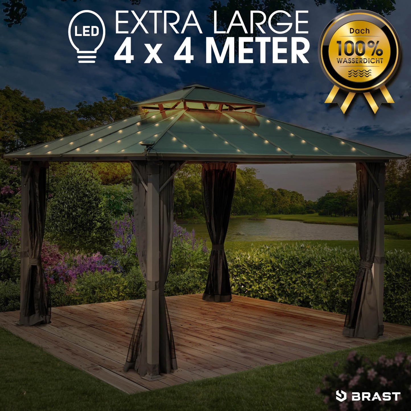 Dunkelgrauer Alu Gartenpavillon 4x4m mit Moskitonetz, LED-Beleuchtung, wasserdicht, stabil, ganzjährig, sturmfest und.