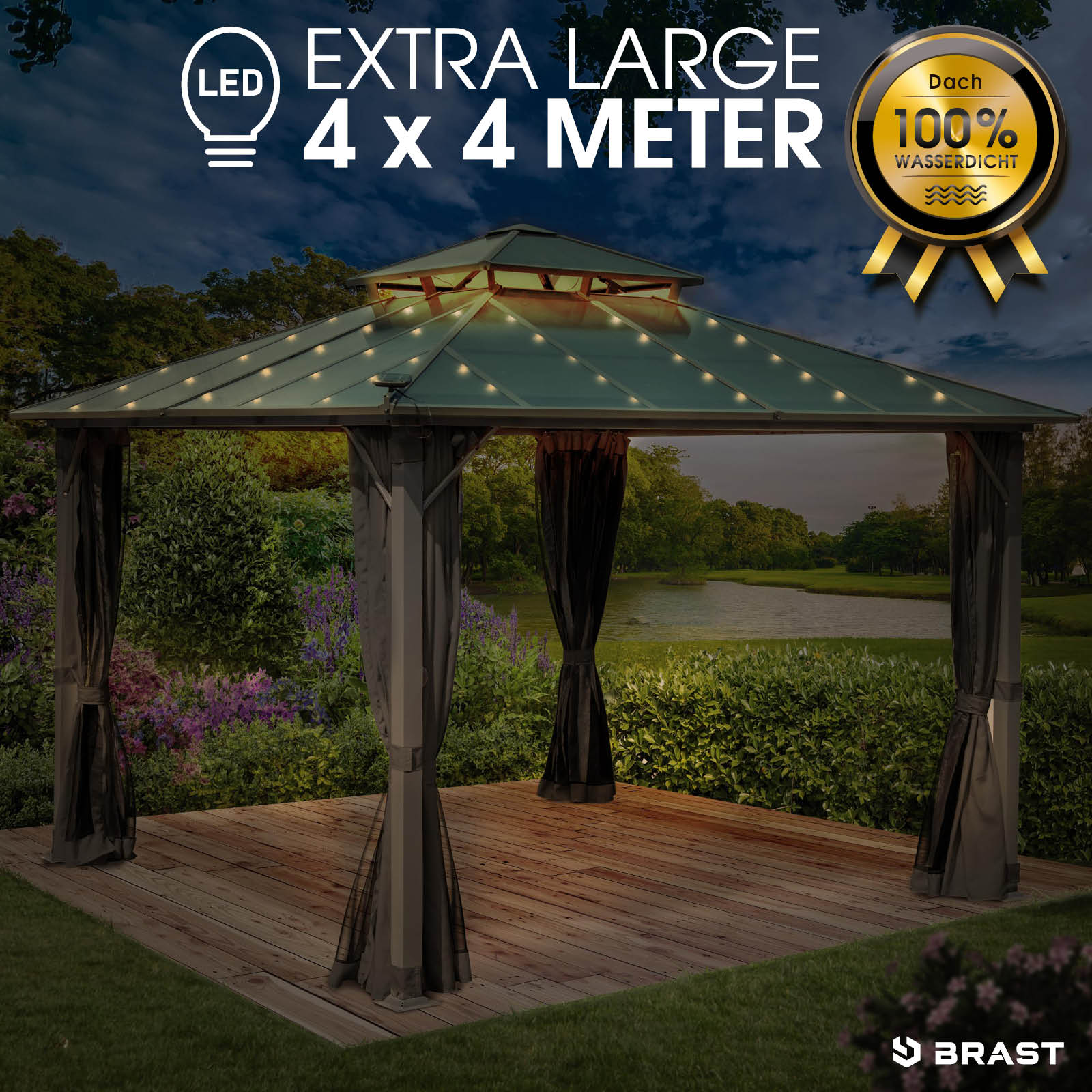 Dunkelgrauer Alu Gartenpavillon 4x4m mit Moskitonetz, LED-Beleuchtung, wasserdicht, stabil, ganzjährig, sturmfest und.