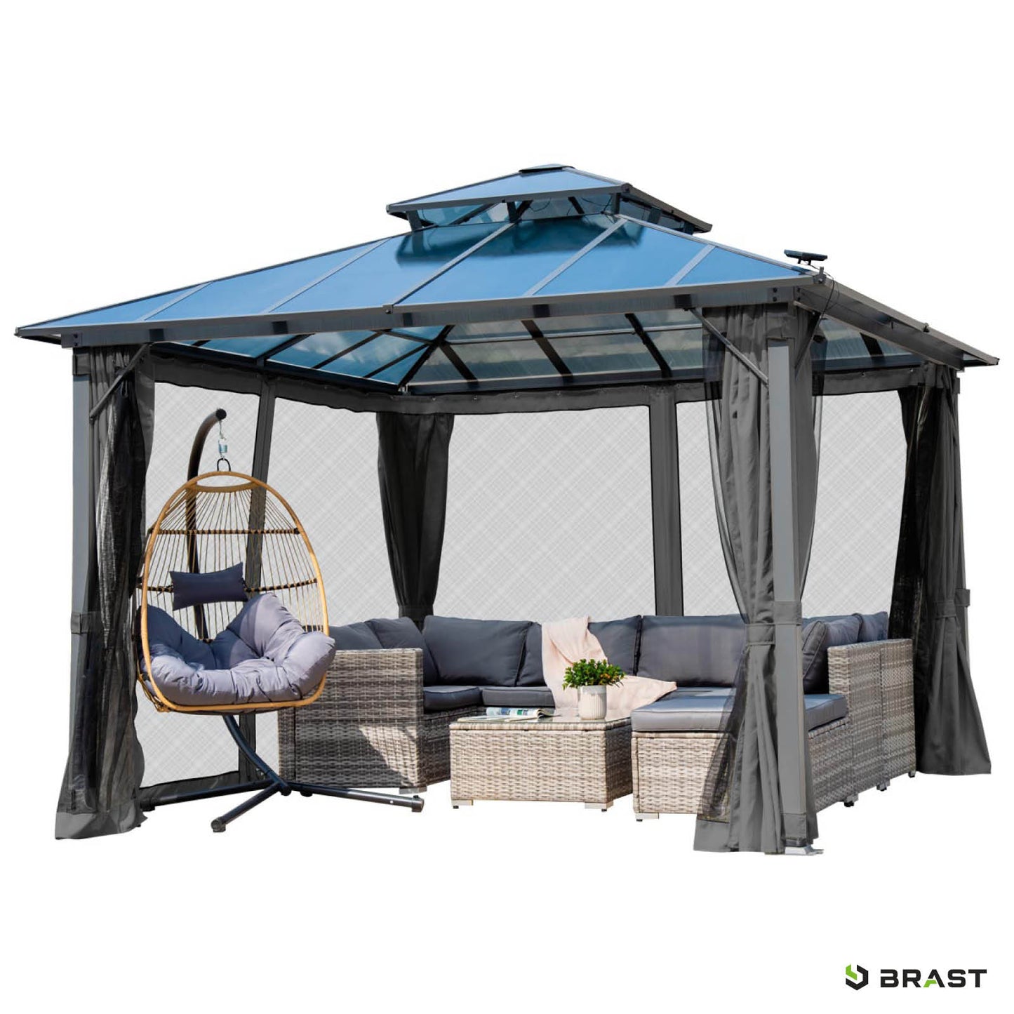 Dunkelgrauer Alu Gartenpavillon 4x4m mit Moskitonetz, LED-Beleuchtung, sturmfest, winterfest, ganzjährig nutzbar,.