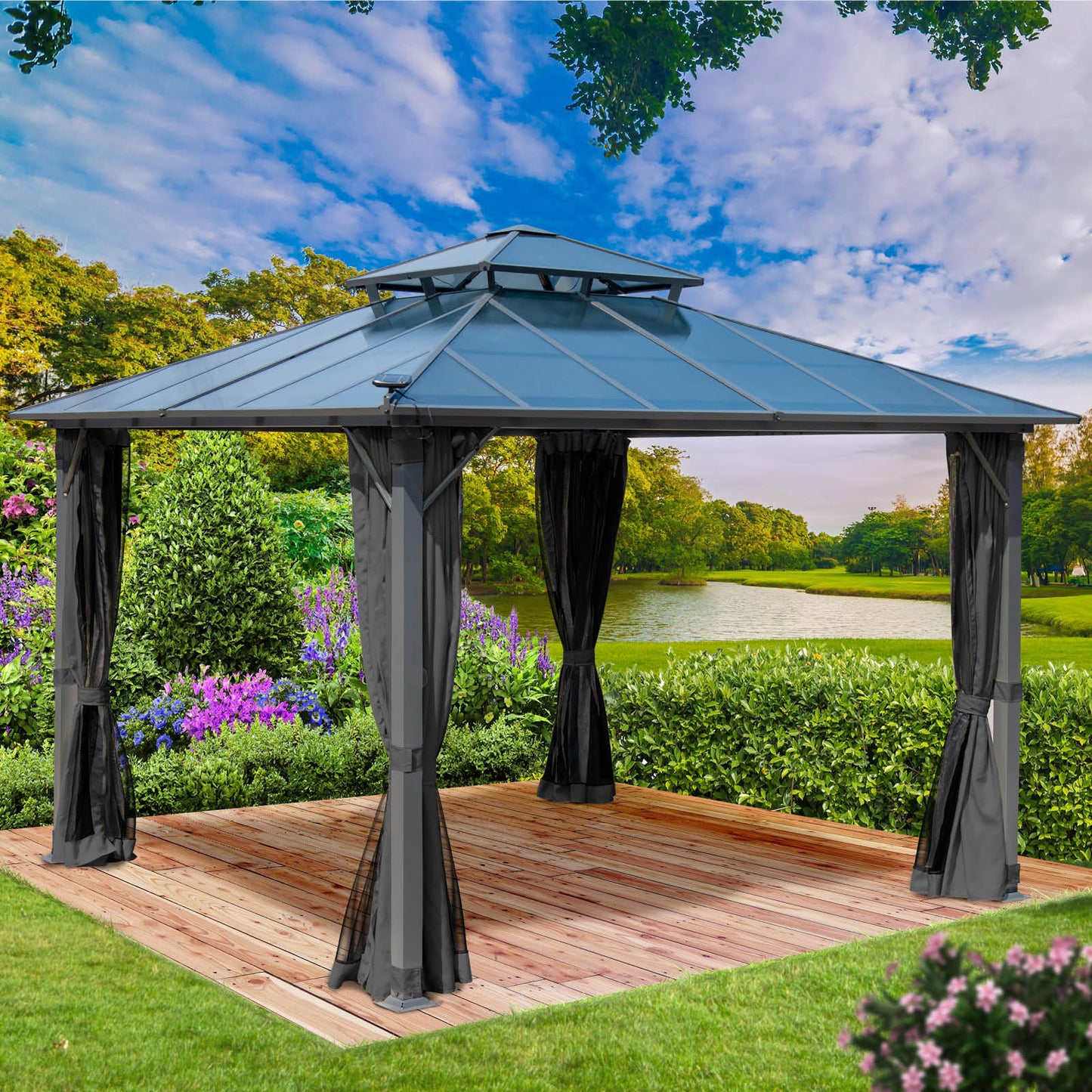 Dunkelgrauer Aluminium-Gartenpavillon 4x4m mit Moskitonetz, LED-Beleuchtung, sturmfest und ganzjährig nutzbar.
