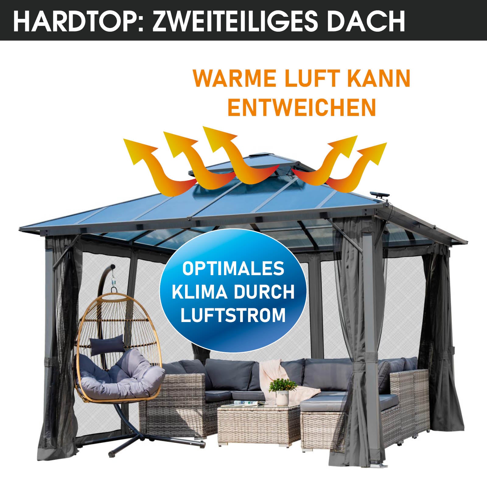 Dunkelgrauer Aluminium Gartenpavillon 4x4m mit zweilagigem Dach, Moskitonetz und LED-Beleuchtung, sturmfest, wasserdicht,.