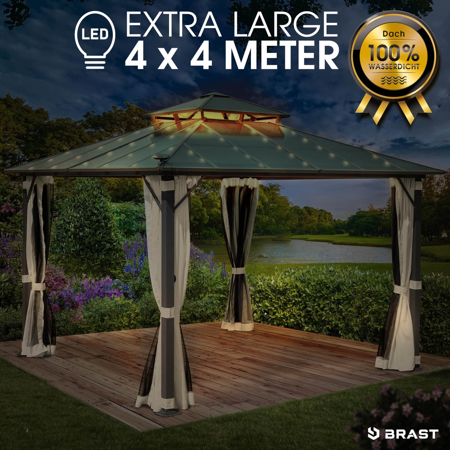 Beiger Aluminium Gartenpavillon 4x4m mit Moskitonetz, LED-Beleuchtung, sturmfest, winterfest, wasserdicht, stabil,.