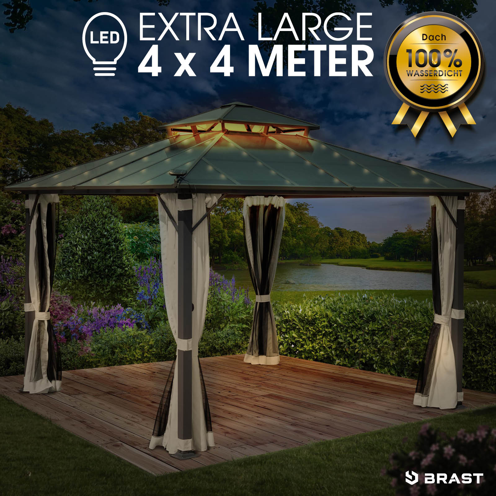 Beiger Aluminium Gartenpavillon 4x4m mit Moskitonetz, LED-Beleuchtung, sturmfest, winterfest, wasserdicht, stabil,.