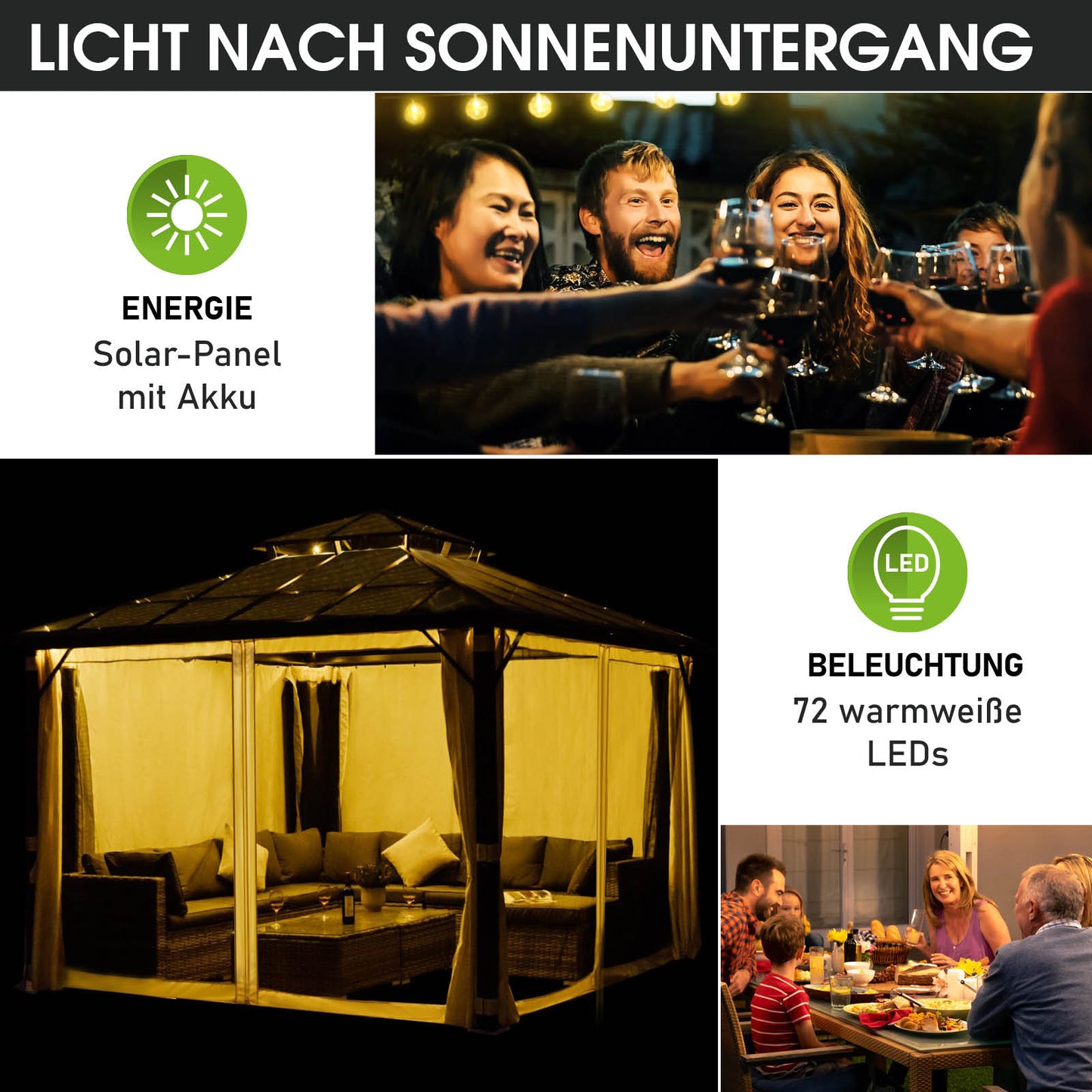 Beiger Aluminium Gartenpavillon 4x4m mit Moskitonetz, LED-Beleuchtung, sturmfest und winterfest, ganzjährig nutzbar.