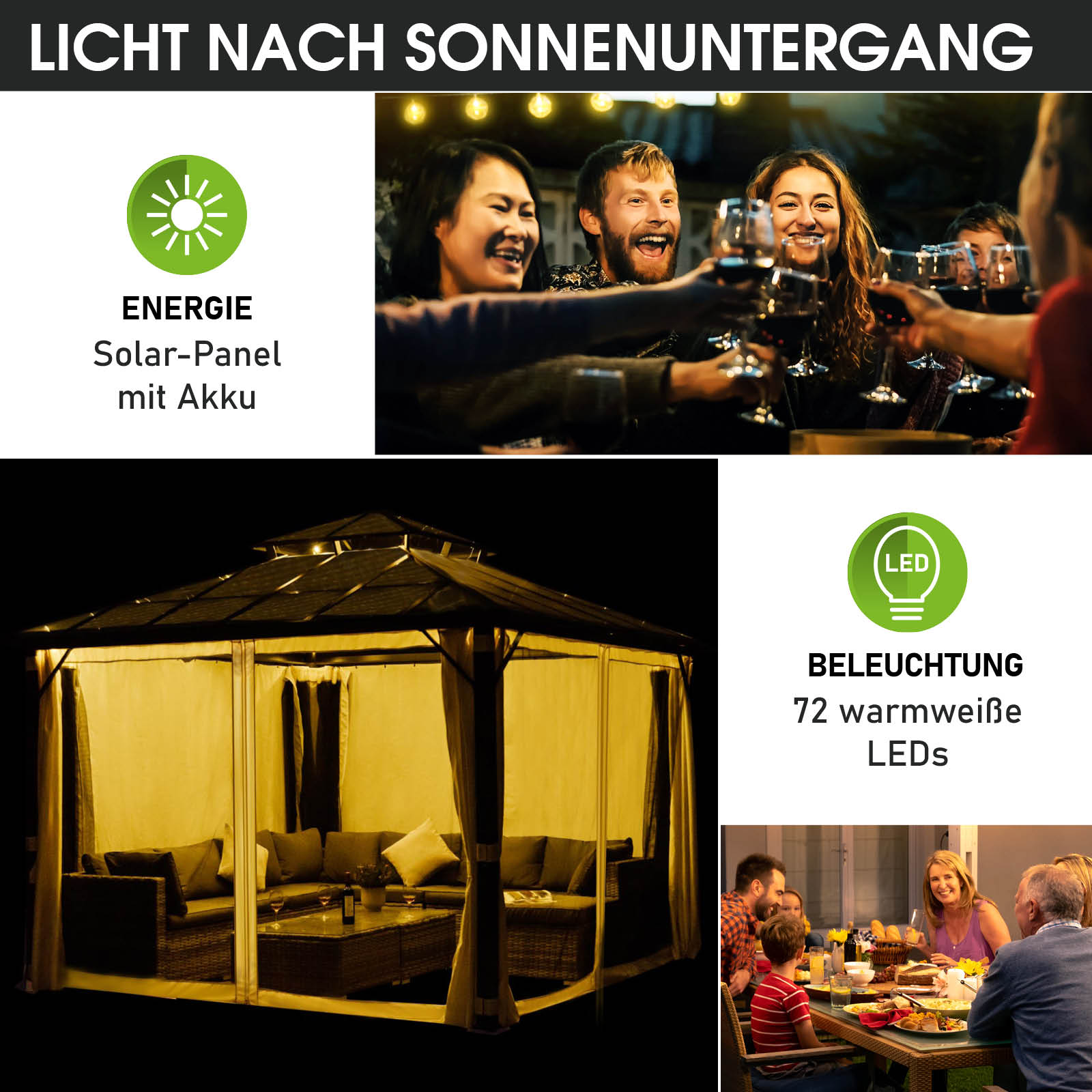 Beiger Aluminium Gartenpavillon 4x4m mit Moskitonetz, LED-Beleuchtung, sturmfest und winterfest, ganzjährig nutzbar.