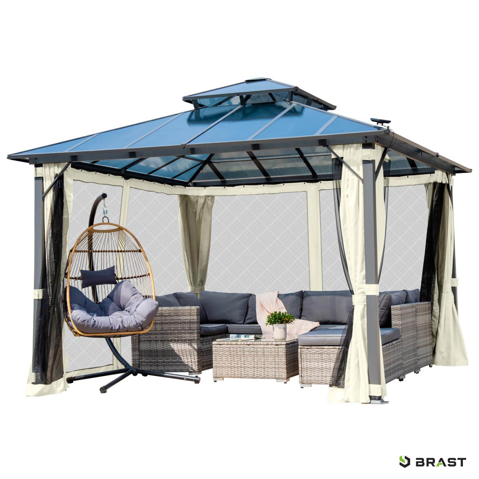 Beiger 4x4m Alu Gartenpavillon mit Moskitonetz, LED-Beleuchtung, sturmfest und winterfest.