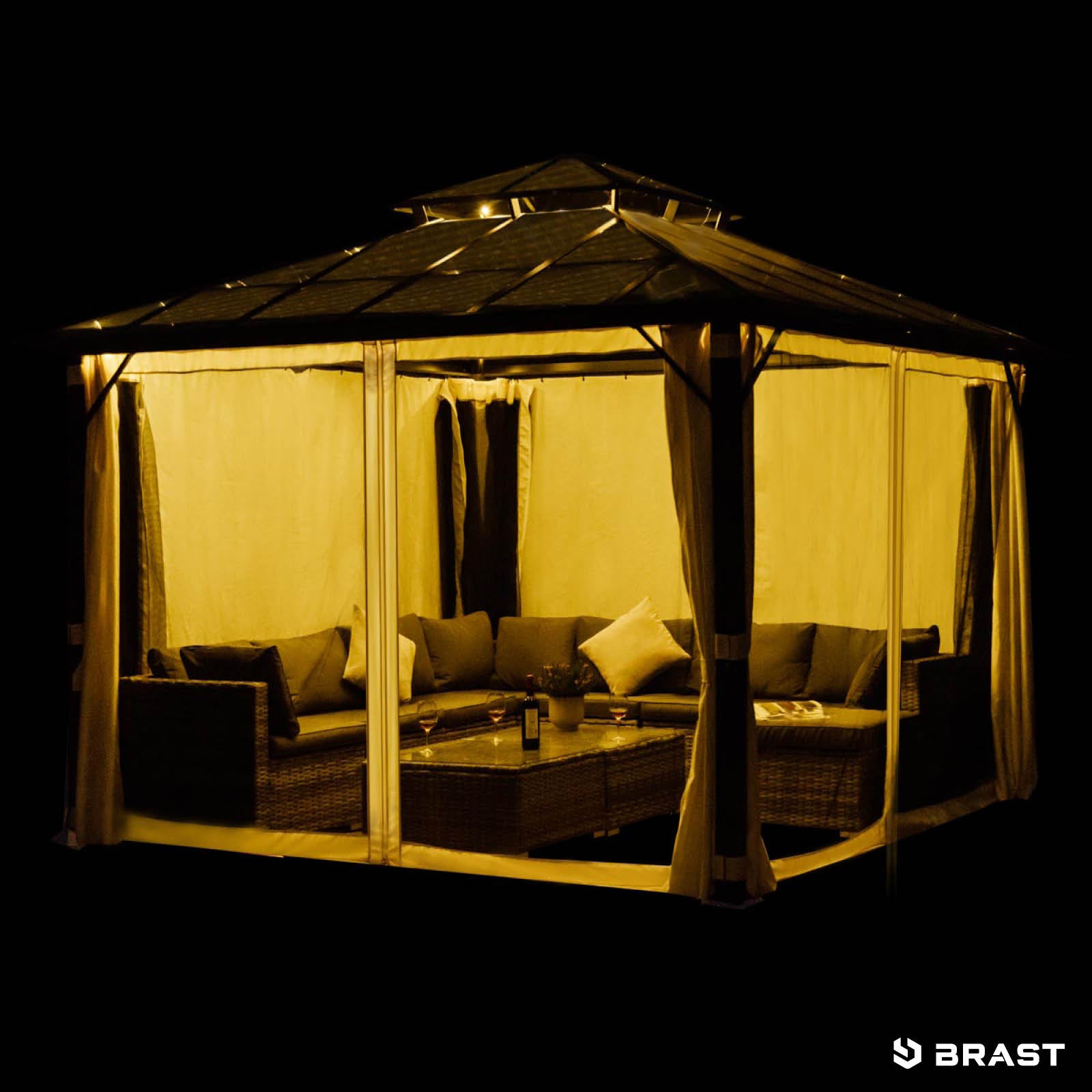 Beiger Gartenpavillon 4x4m aus Aluminium mit Moskitonetz, LED-Beleuchtung, sturmfest, winterfest, wasserdicht, stabil,.