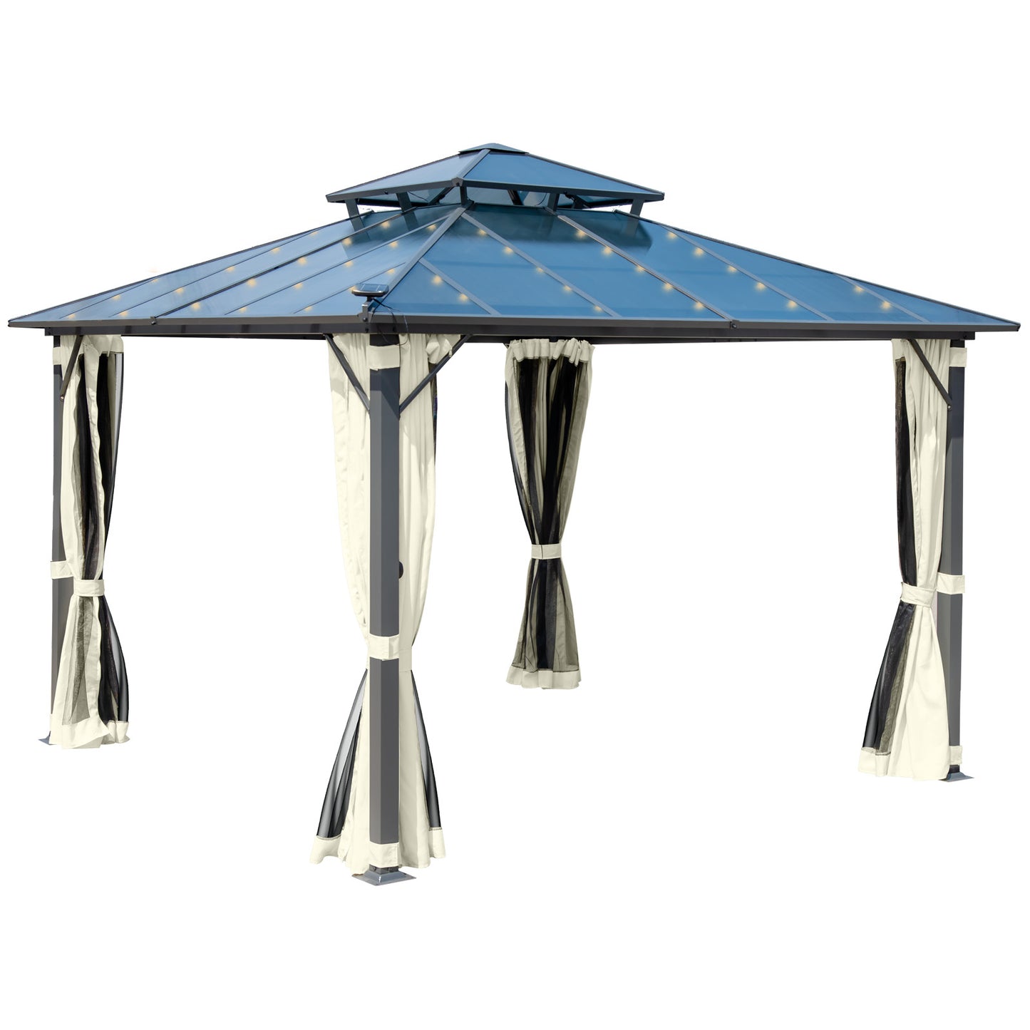 Beiger 4x4m Alu Gartenpavillon mit blauem Dach, Moskitonetz, LED-Beleuchtung, sturmfest und winterfest.