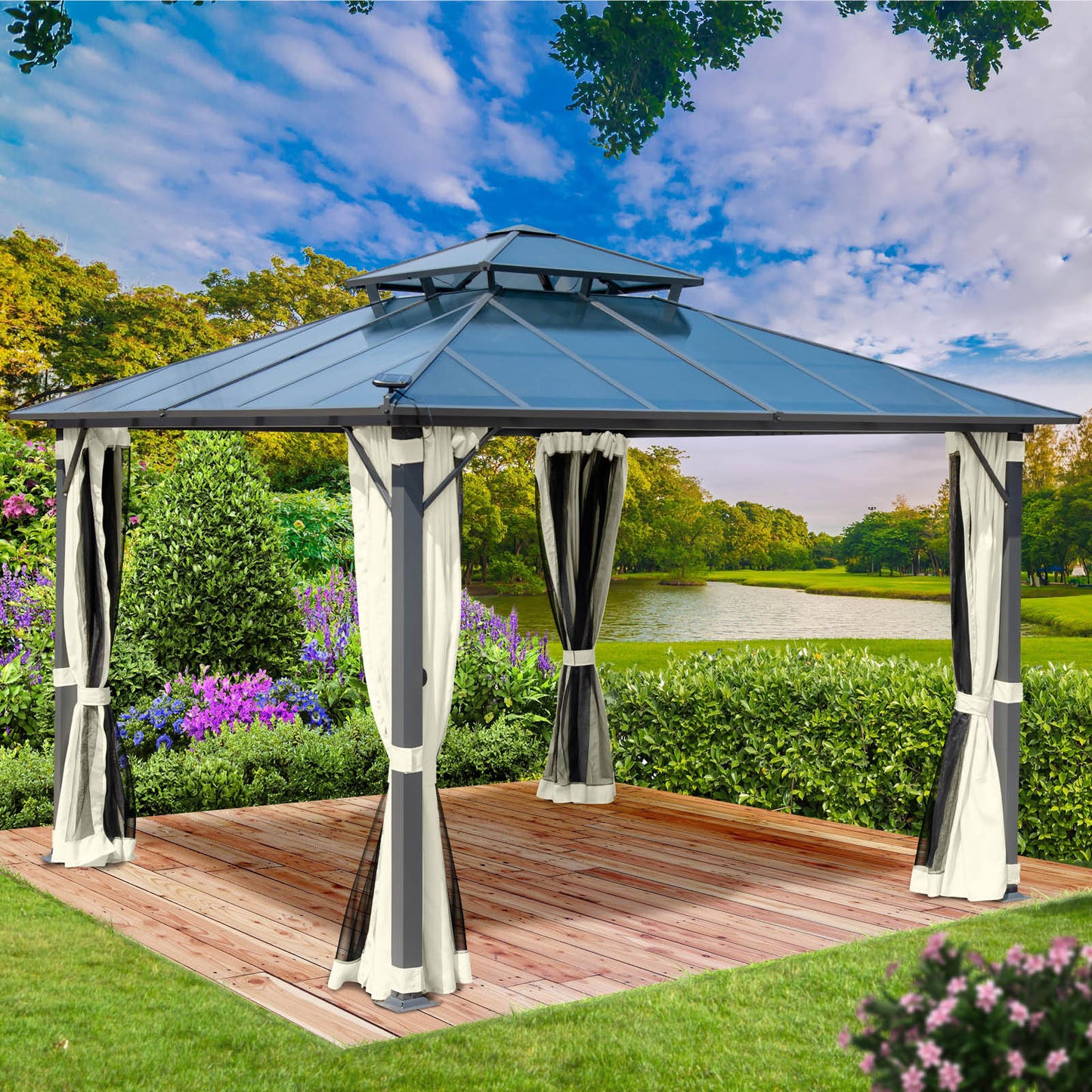 Beiger Alu Gartenpavillon 4x4m mit Moskitonetz, LED-Beleuchtung, sturmfest, wasserdicht und winterfest.