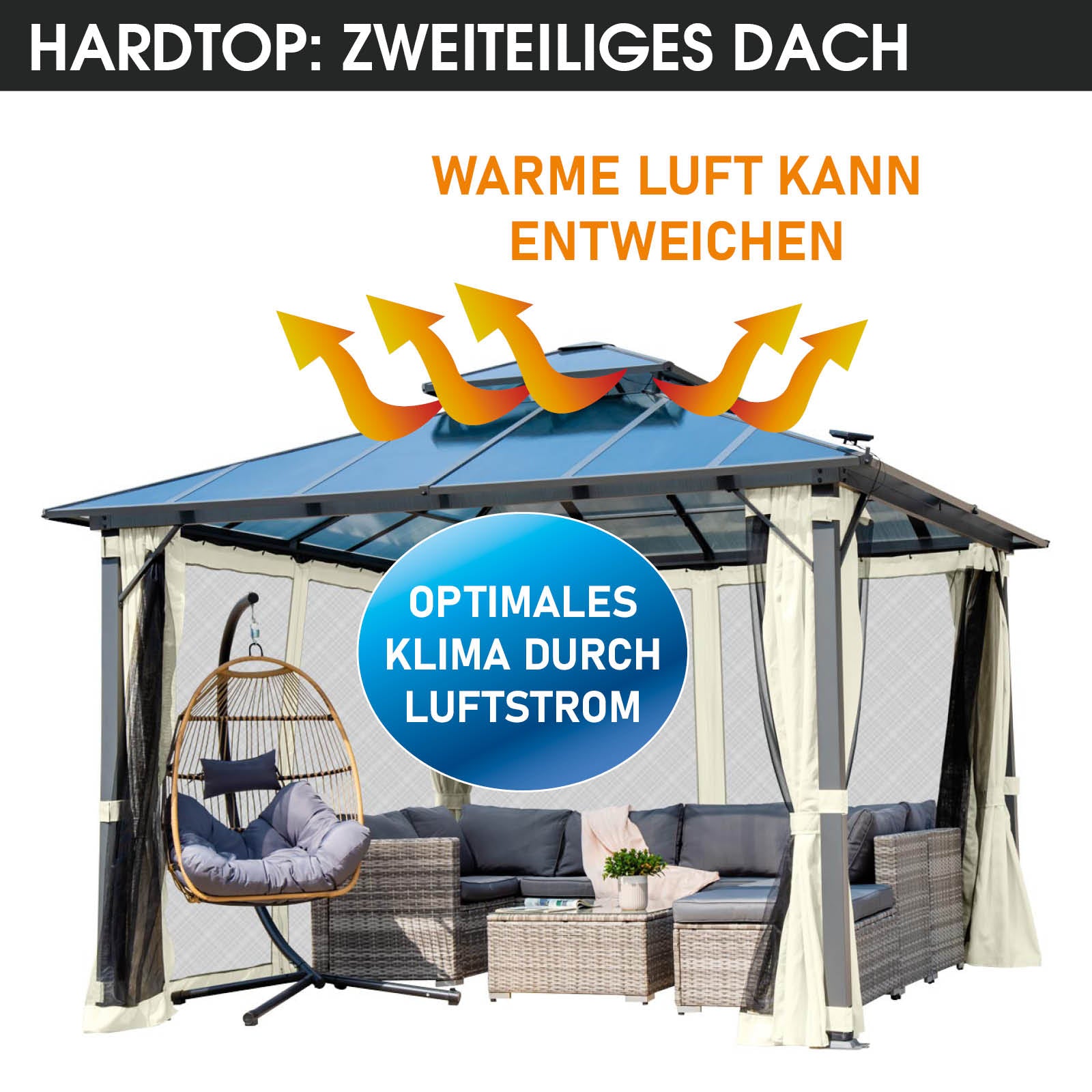 Beiger Alu Gartenpavillon 4x4m mit zweiteiligem Dach, Moskitonetz, LED-Beleuchtung, wasserdicht stabil winterfest.