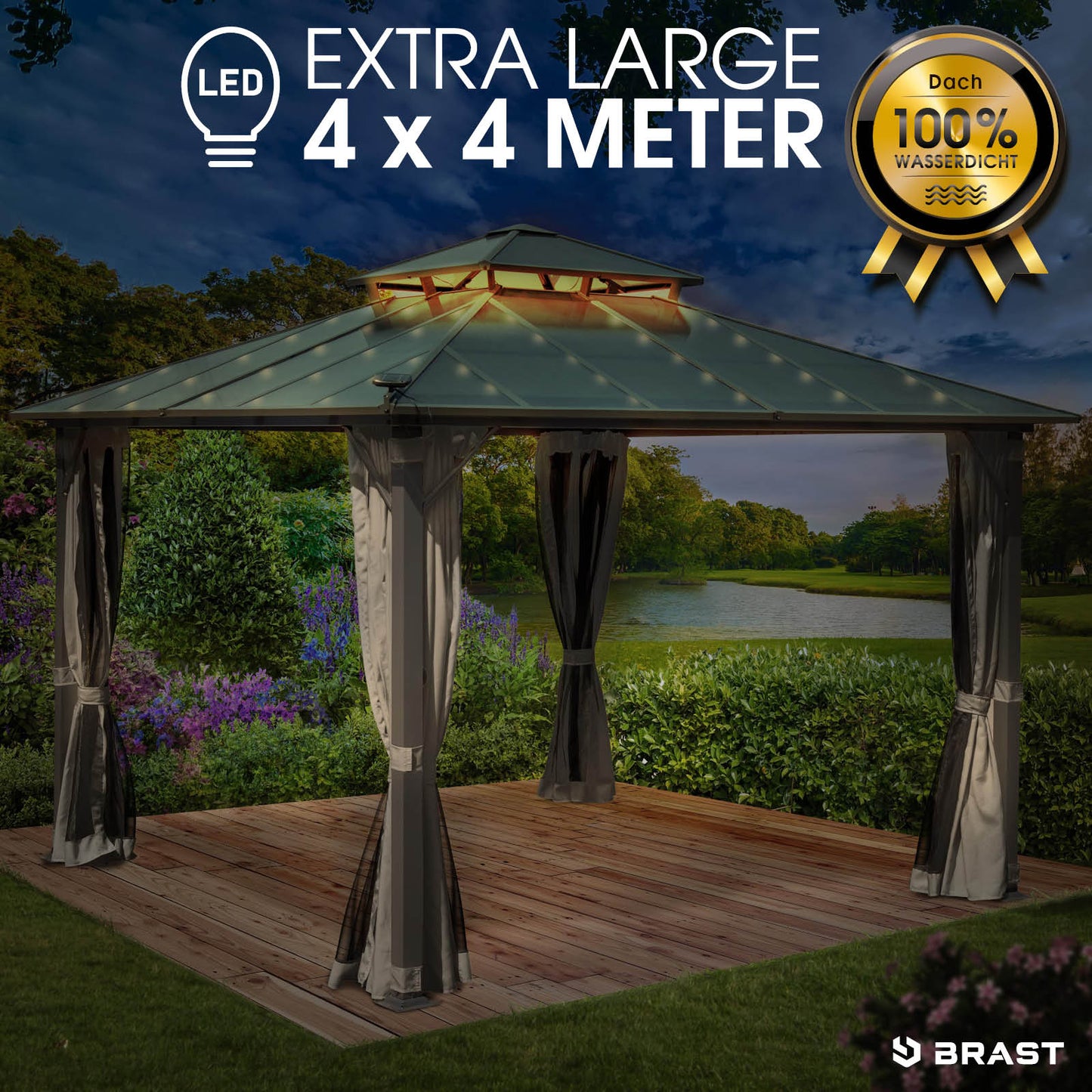Hellgrauer Alu Gartenpavillon 4x4m mit Moskitonetz, LED-Beleuchtung, stabil, wasserdicht, winterfest, ganzjährig nutzbar,.