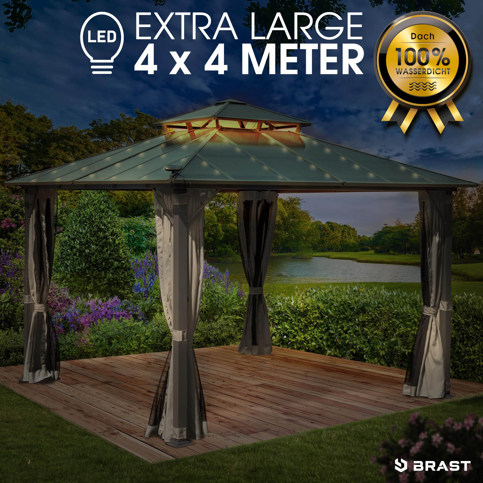 Hellgrauer Alu Gartenpavillon 4x4m mit Moskitonetz, LED-Beleuchtung, stabil, wasserdicht, winterfest, ganzjährig nutzbar,.