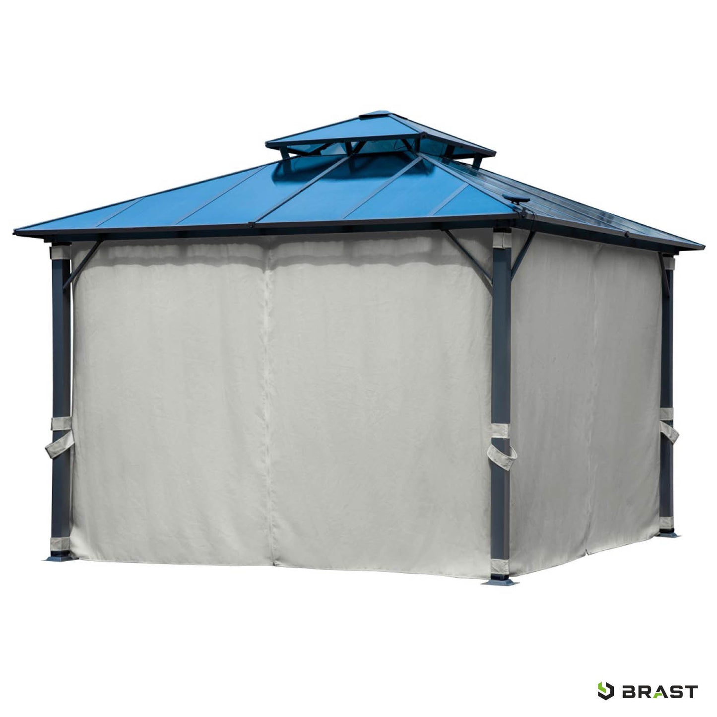 Hellgrauer Alu Gartenpavillon 4x4m mit stabilem Dach, Moskitonetz, wasserdicht und winterfest.