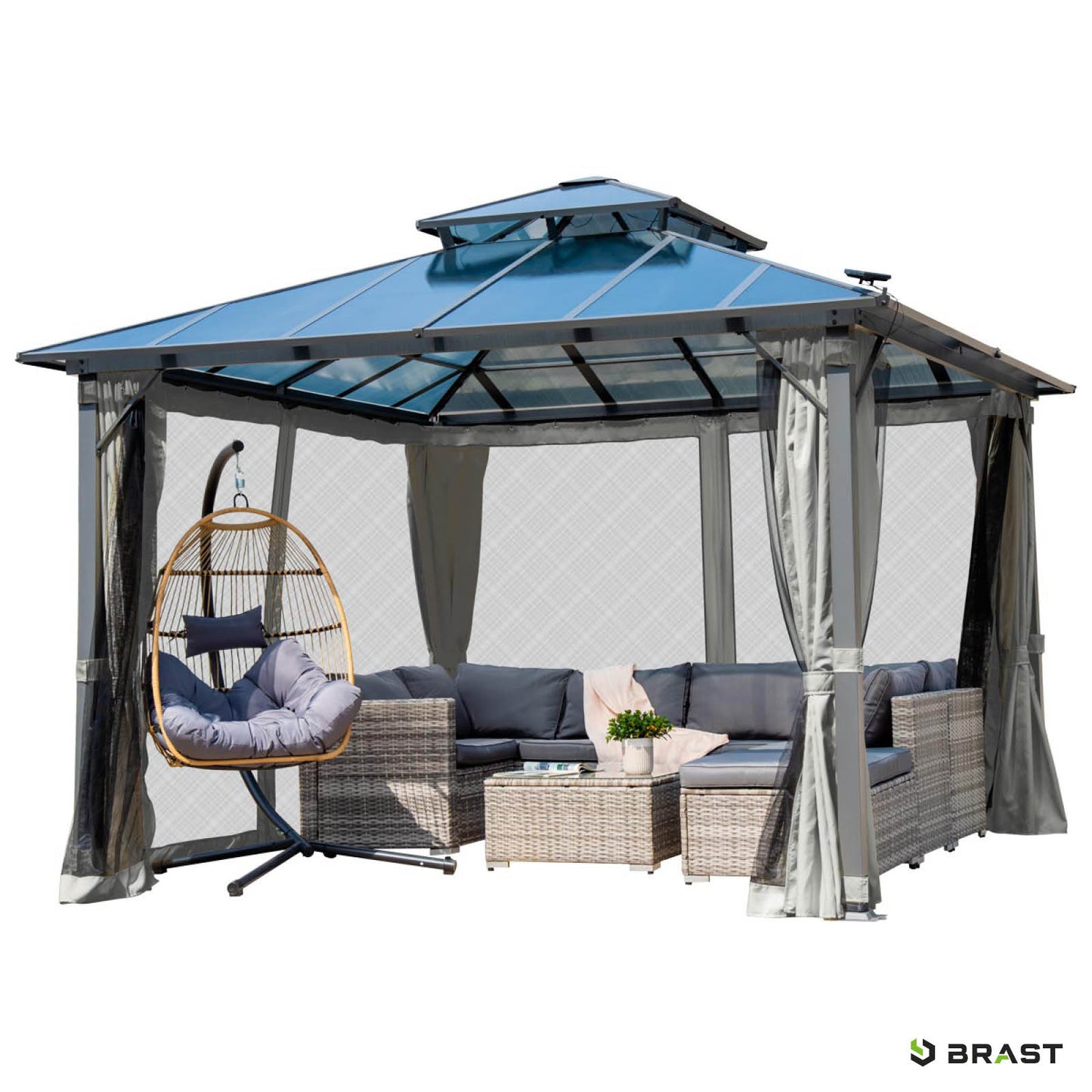 Hellgrauer Aluminium Gartenpavillon 4x4m mit Moskitonetz, LED-Beleuchtung, sturmfest, winterfest, wasserdicht, stabil,.