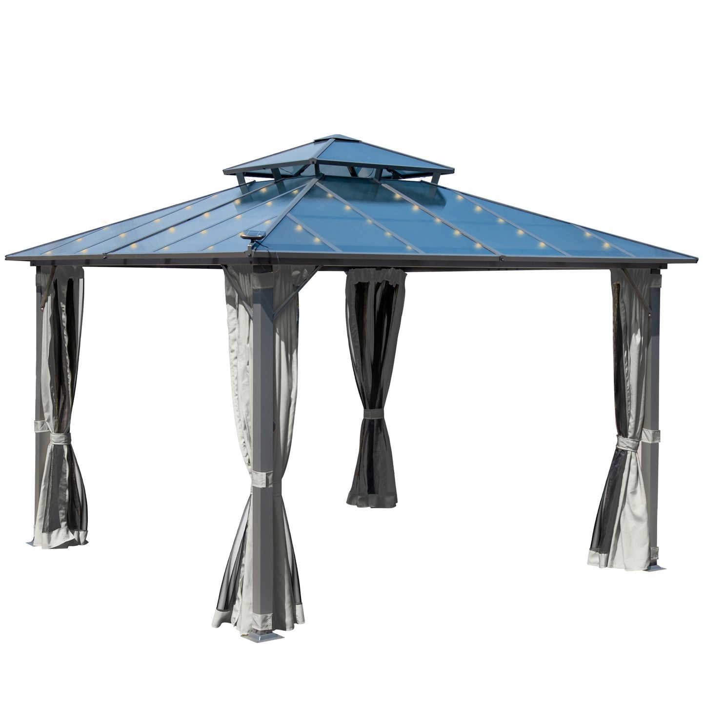 Hellgrauer Alu Gartenpavillon 4x4m mit Moskitonetz, LED-Beleuchtung, sturmfest, winterfest, wasserdicht und stabil für.