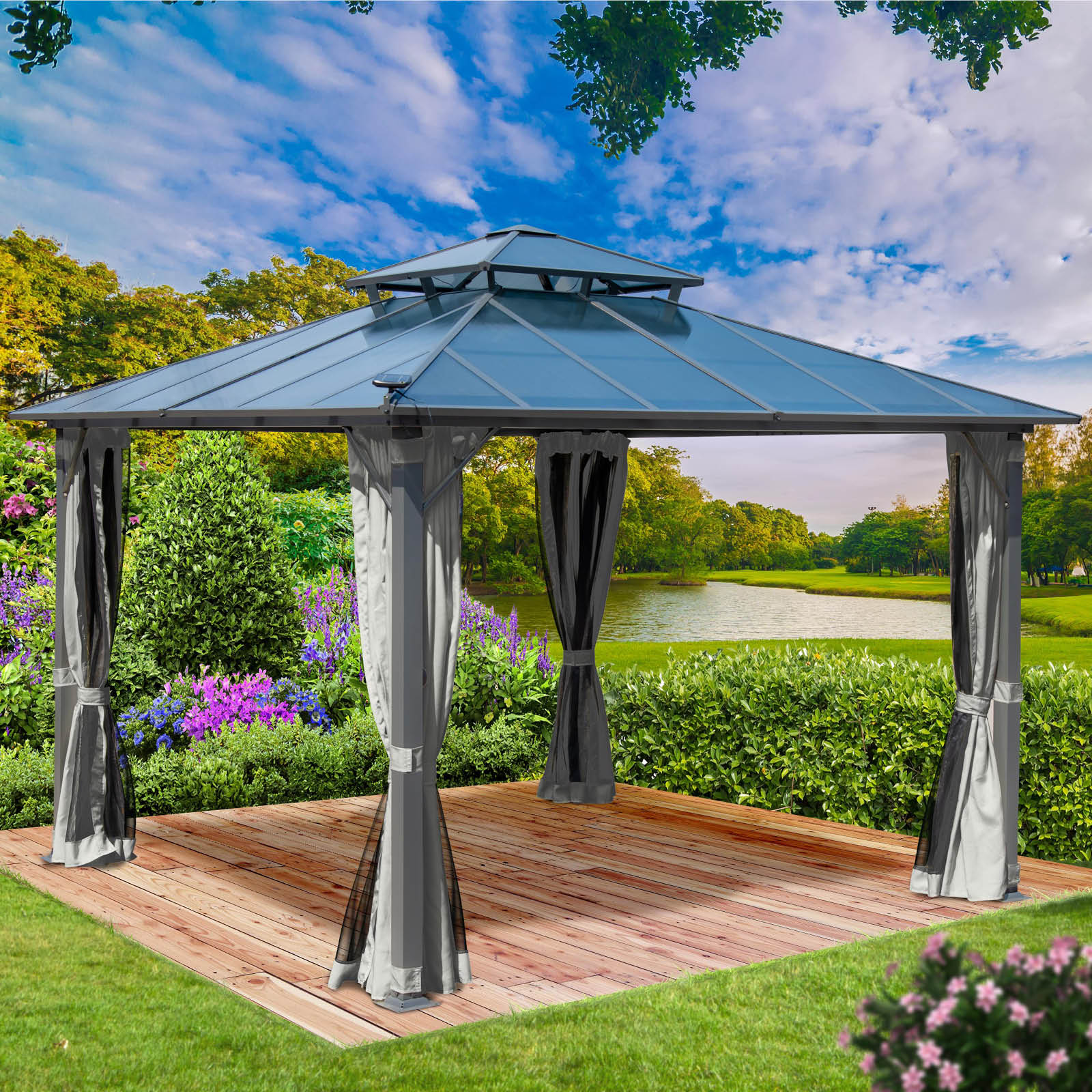 Hellgrauer 4x4m Alu Gartenpavillon mit Moskitonetz, LED-Beleuchtung, wasserdicht stabil winterfest, ganzjährig nutzbar.