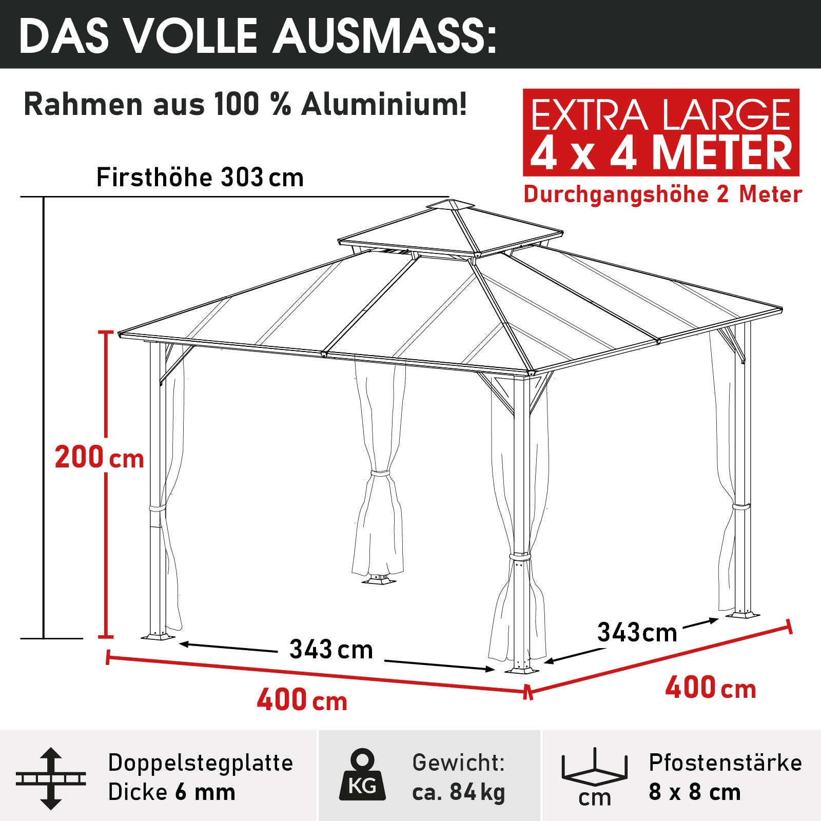 Gartenpavillon 4x4m hellgrau aus Aluminium mit Moskitonetz, LED-Beleuchtung, sturmfest und winterfest, wasserdicht und.