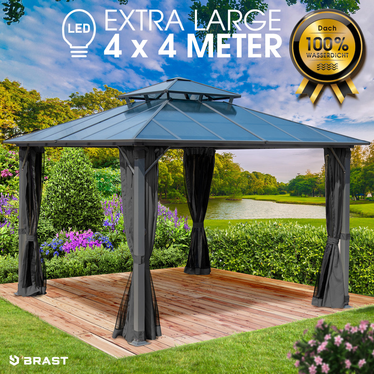Dunkelgrauer 4x4m Alu Gartenpavillon mit Moskitonetz, wasserdicht, sturmfest und winterfest, stabiler ganzjähriger Pavillon.