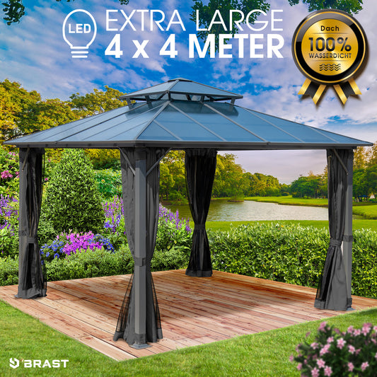 Dunkelgrauer 4x4m Alu Gartenpavillon mit Moskitonetz, wasserdicht, sturmfest und winterfest, stabiler ganzjähriger Pavillon.