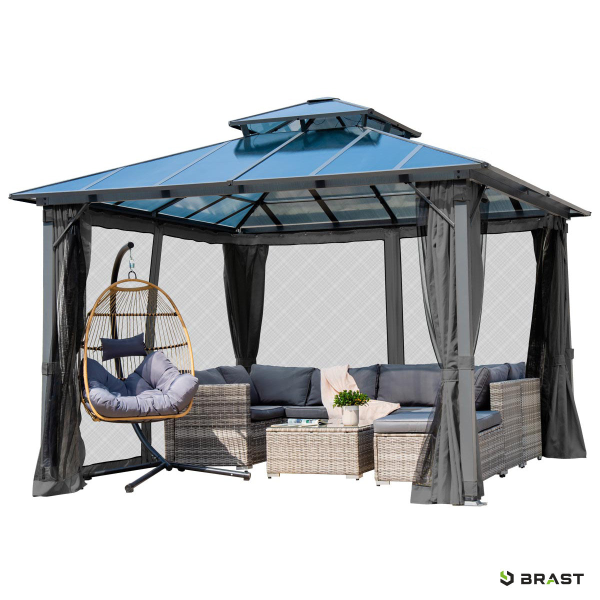 Dunkelgrauer Aluminium Gartenpavillon 4x4m mit Moskitonetz, stabil, wasserdicht, winterfest, sturmfest, ganzjährig nutzbar.