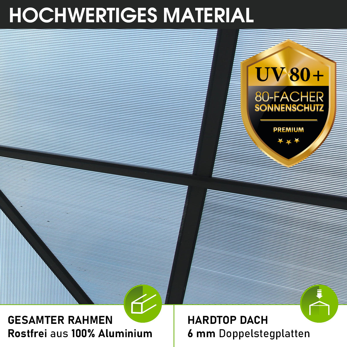 Dunkelgrauer Aluminiumrahmen und UV-beständiges Dach aus Harttop-Kunststoffplatten, stabiler, wasserdichter Pavillon.