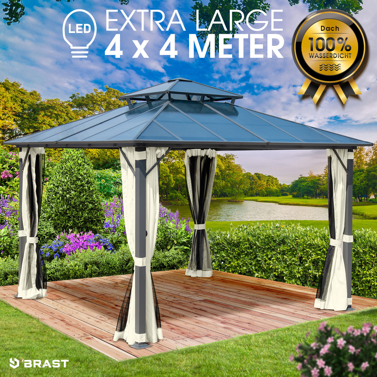 Beiger Aluminium Gartenpavillon 4x4m mit Moskitonetz, wasserdicht, stabil, winterfest, sturmfest, ganzjährig nutzbar.