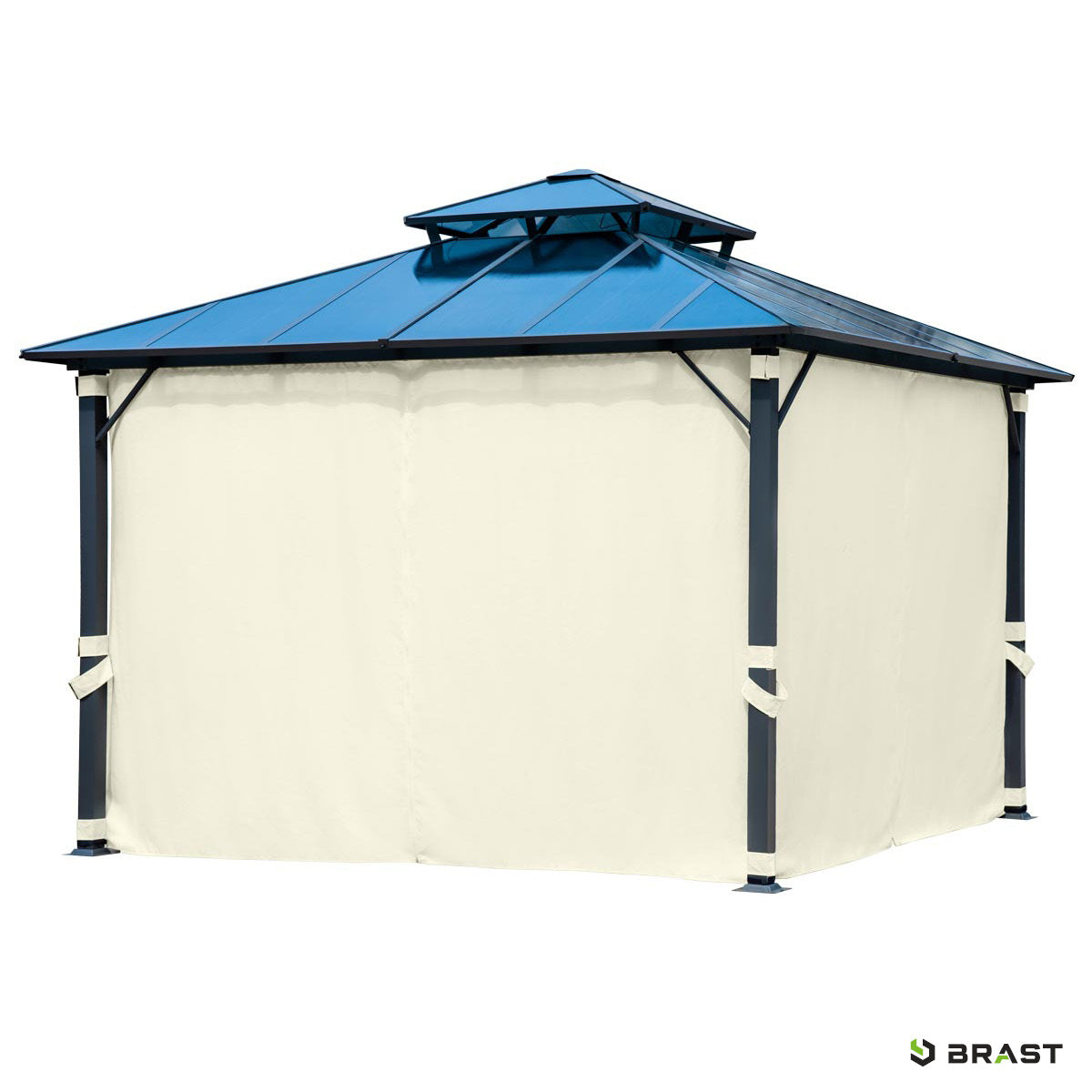 Beiger Alu Gartenpavillon 4x4m mit blauem Dach, wasserdicht, sturmfest, winterfest, ganzjährig stabil.