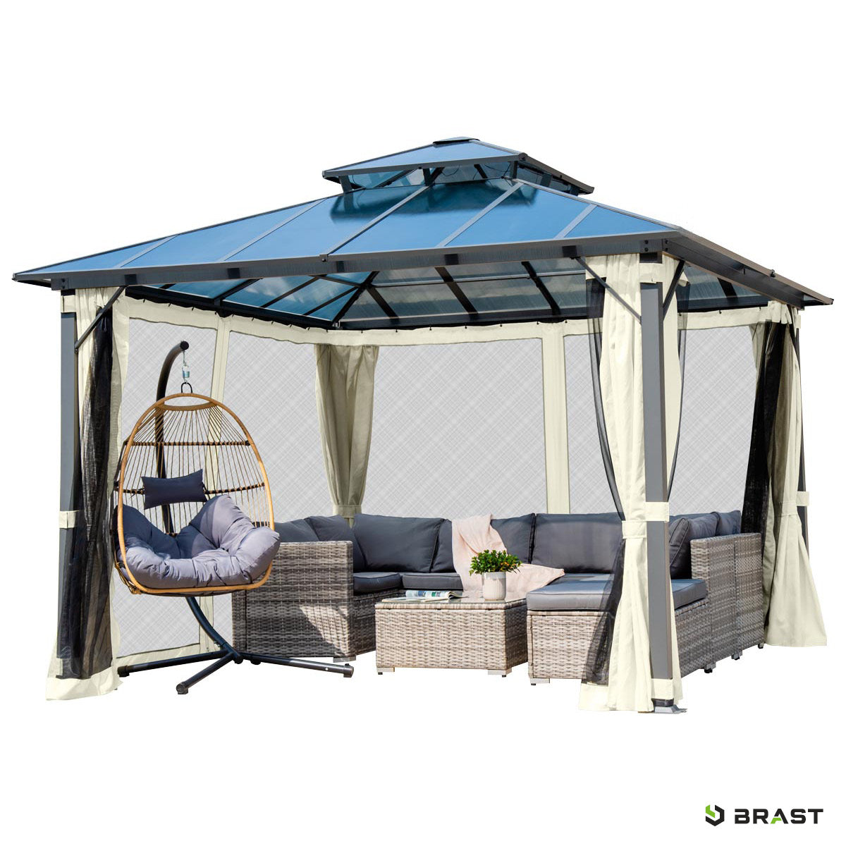 Beiger Alu Pavillon 4x4m mit Moskitonetz, wasserdicht, stabil, winterfest, ganzjährig nutzbar, sturmfest.