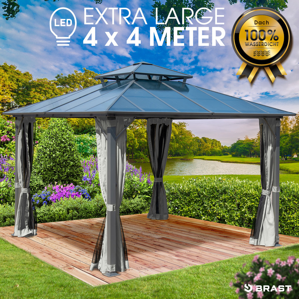 Hellgrauer Alu Gartenpavillon 4x4m mit Moskitonetz, wasserdicht, sturmfest und winterfest, stabil und ganzjährig nutzbar.