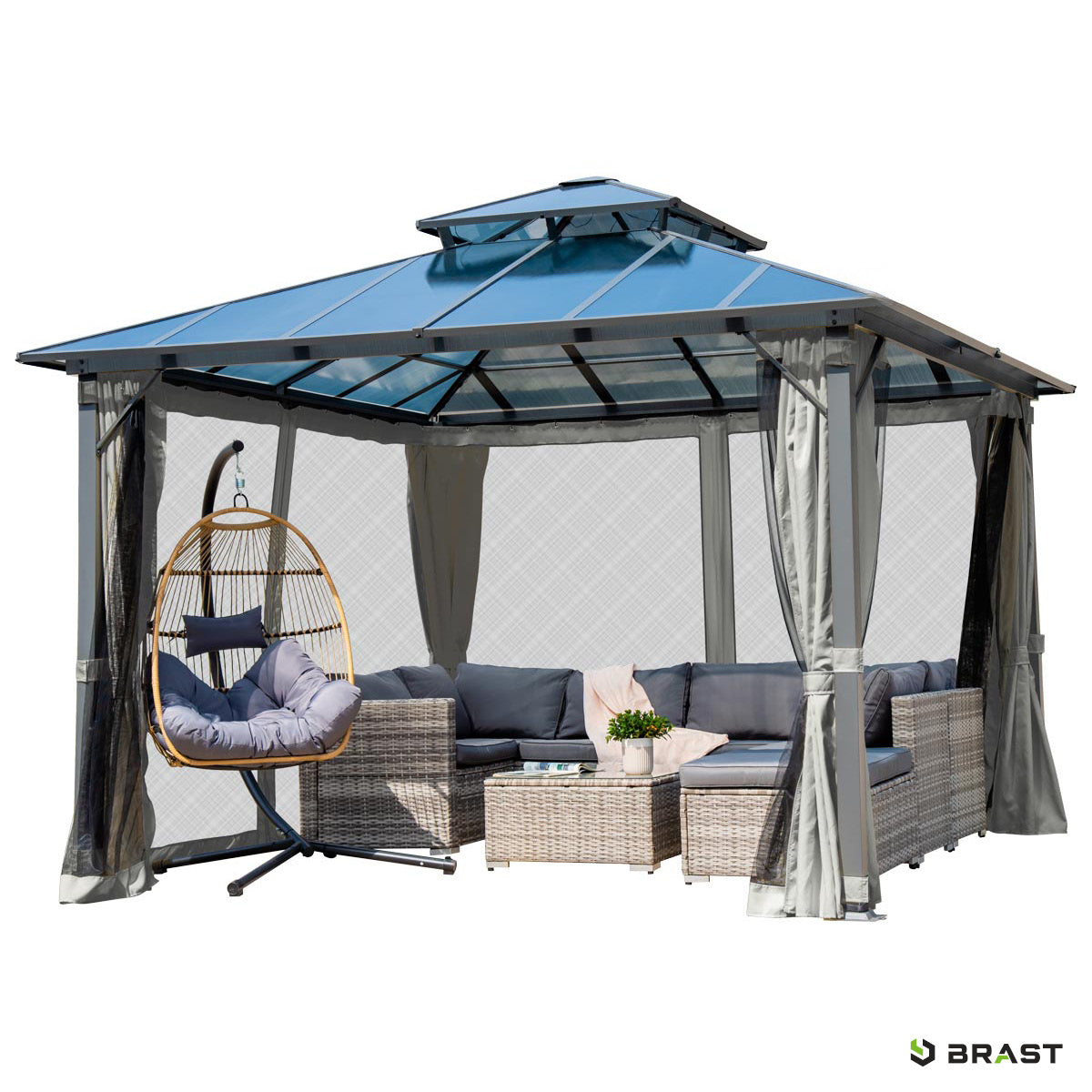Hellgrauer Alu Gartenpavillon 4x4m mit Moskitonetz, sturmfest, winterfest und wasserdicht, stabil und ganzjährig nutzbar.