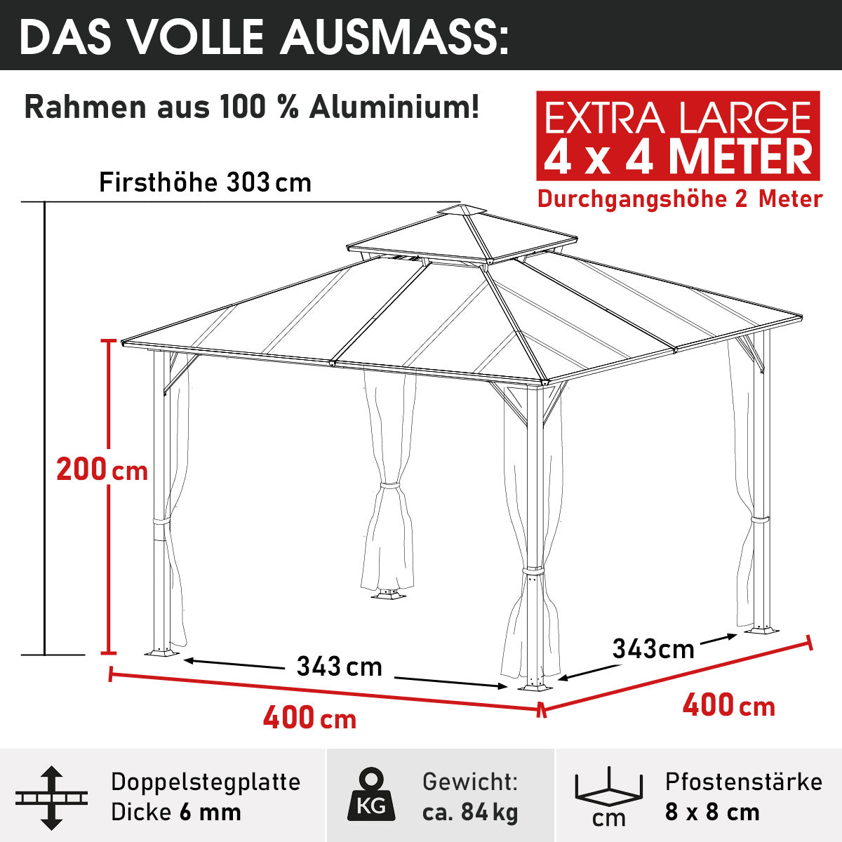 Hellgrauer Aluminium Gartenpavillon 4x4 m mit Moskitonetz, sturmfest, winterfest und wasserdicht, stabil und ganzjährig.