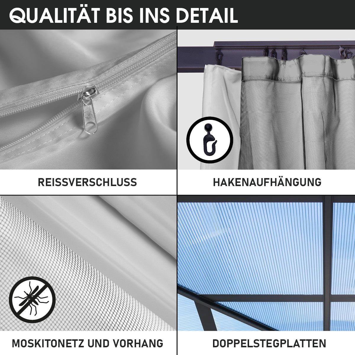 Details vom hellgrauen Alu Gartenpavillon mit Moskitonetz, Reißverschluss, Hakenaufhängung und doppelten Stegplatten,.