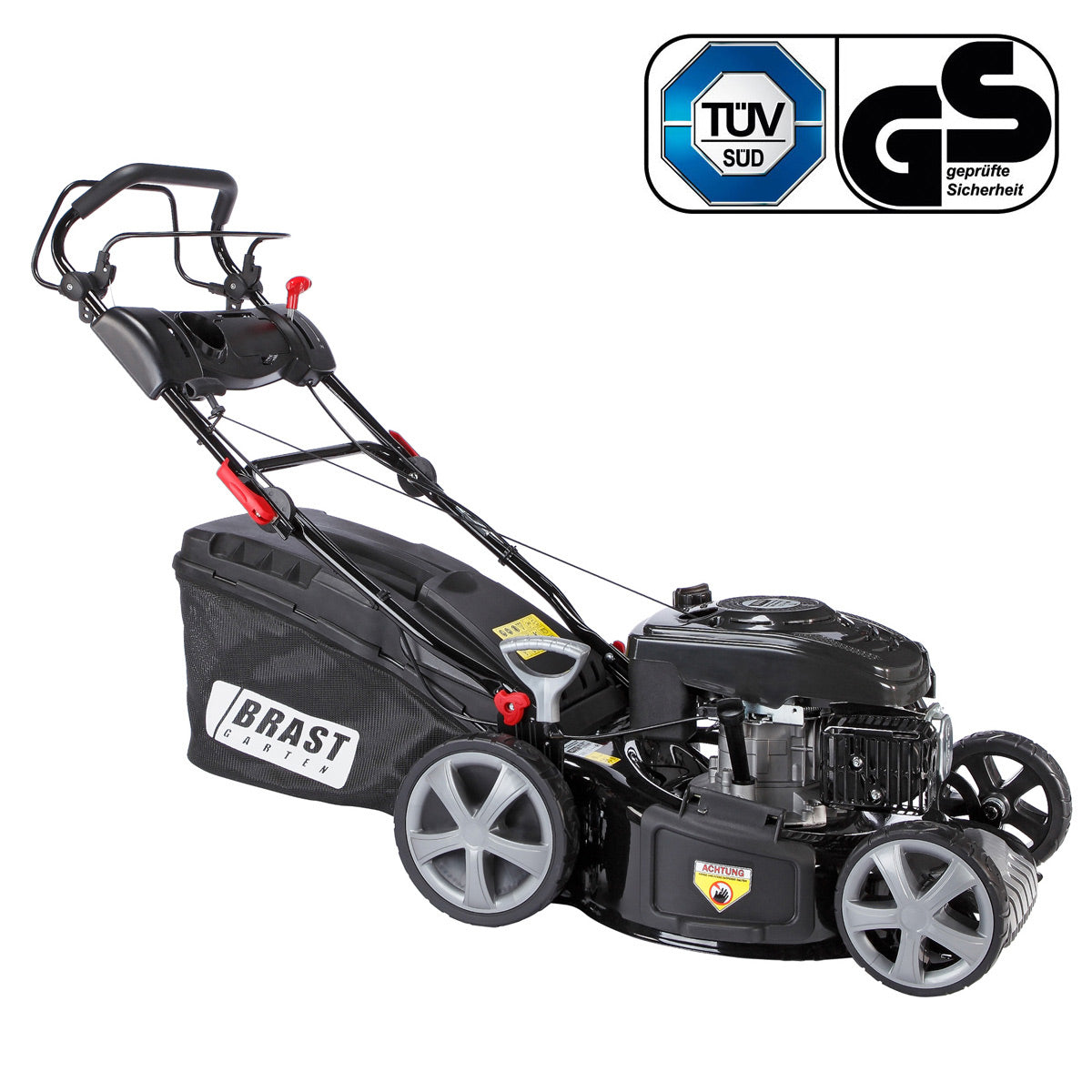Schwarzer BRAST Benzin-Rasenmäher 20 Zoll mit Mulchfunktion und Fangkorb, graue Räder.