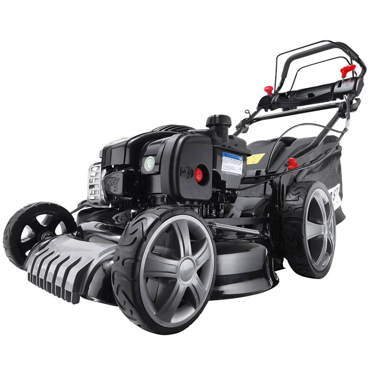 Schwarzer Benzin-Rasenmäher mit großem Fangkorb, Radantrieb und robusten grauen Rädern.