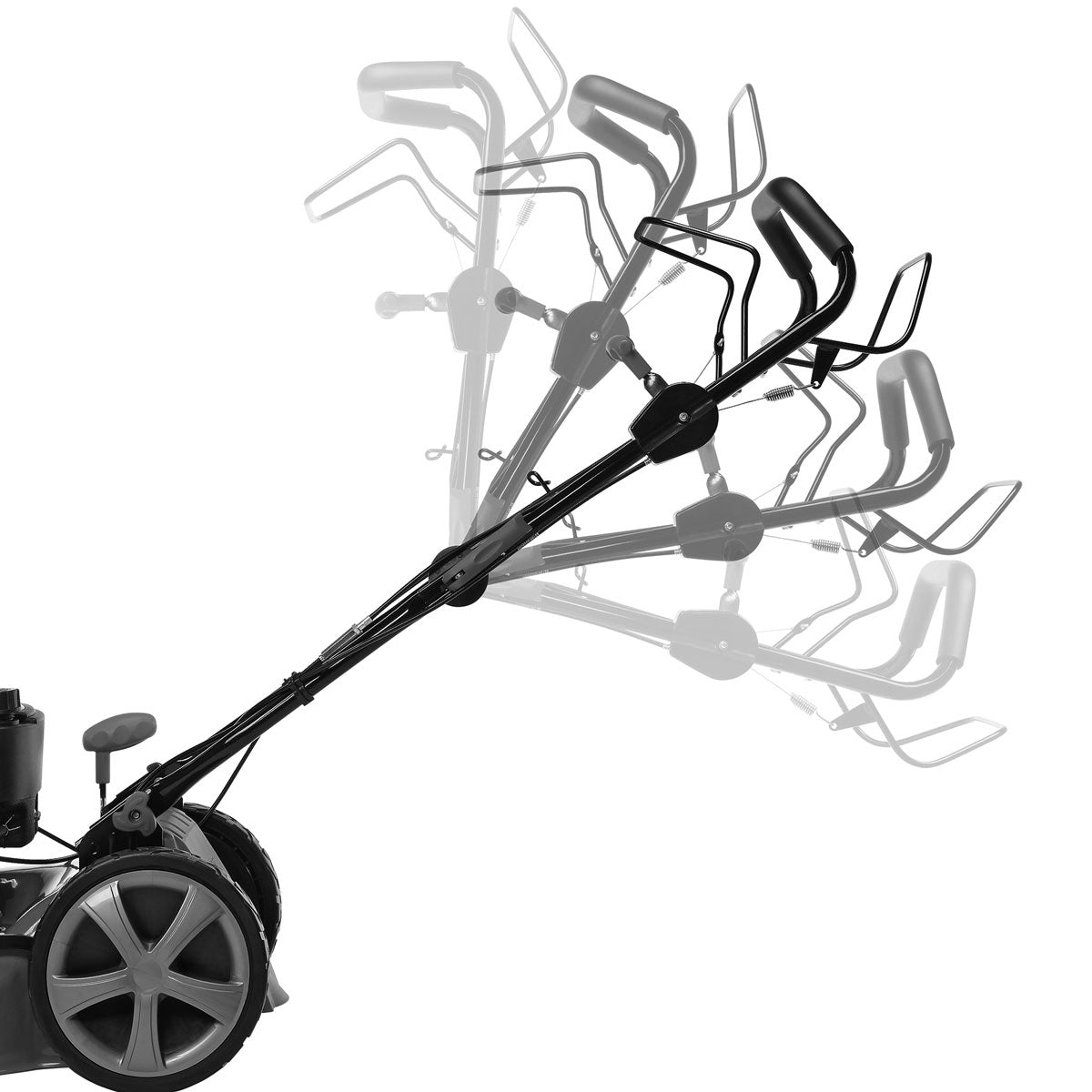 Schwarzer Benzin-Rasenmäher mit verstellbarem, klappbarem Griff und großen Hinterrädern.