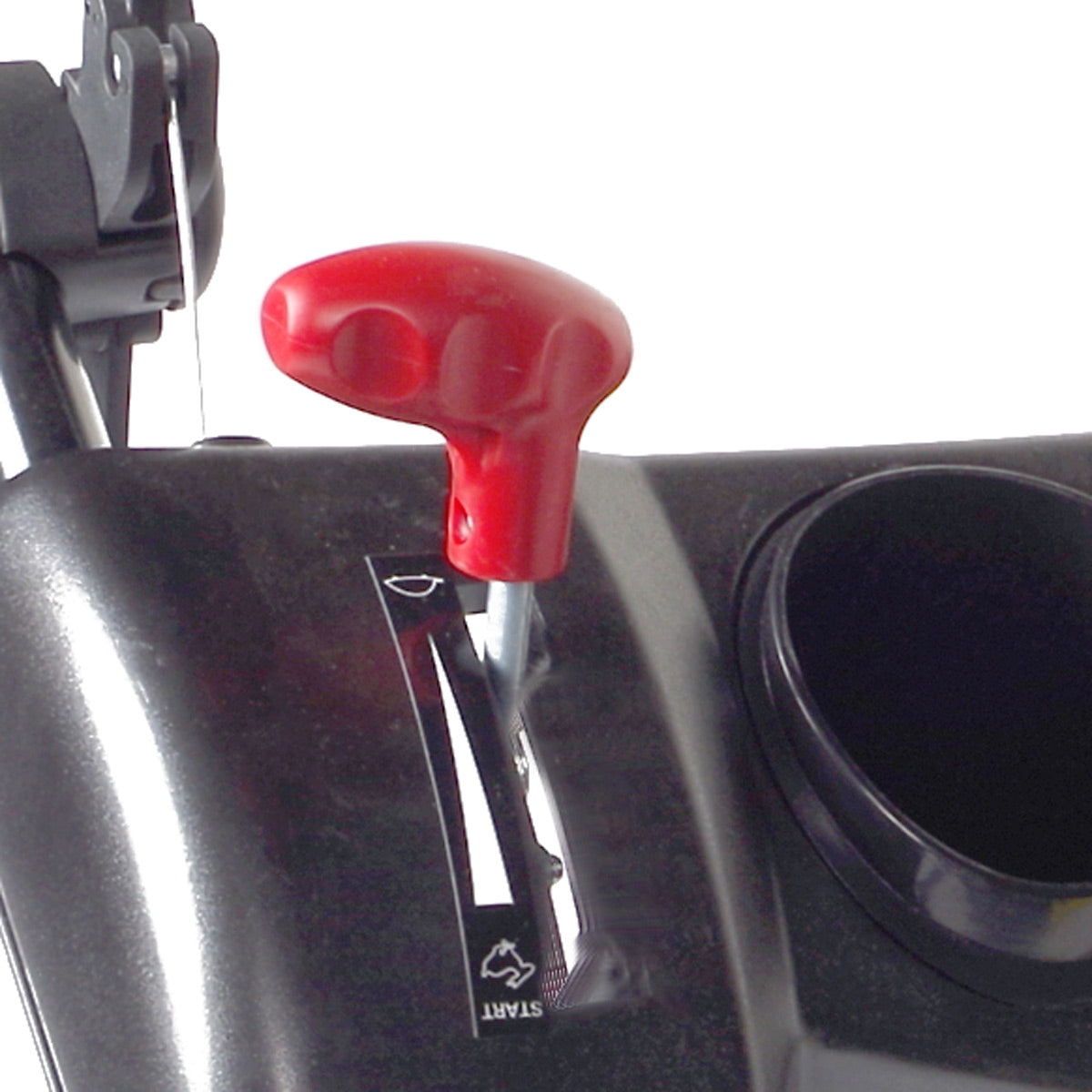 Roter Griff für variable Geschwindigkeit an schwarzem Benzinrasenmäher Hebel.