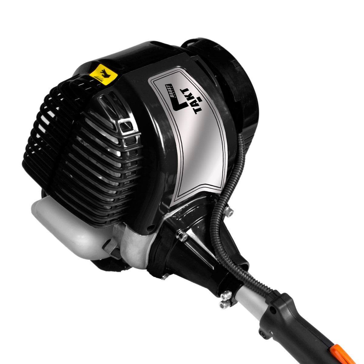 Schwarzer 4-Takt Benzinmotor mit Lüftungsgitter und Griffansatz für Motorsense.