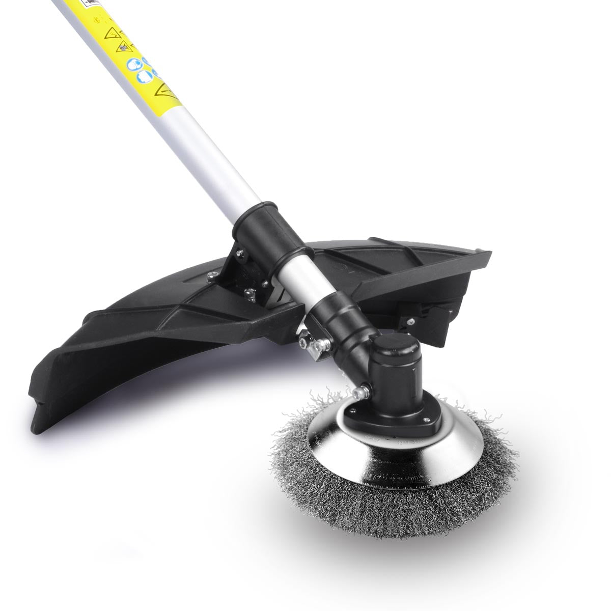 Benzin-Motorsense mit Metall-Fadenschneider und Schutzschild, schwarz und silberfarben, gelber Griff.