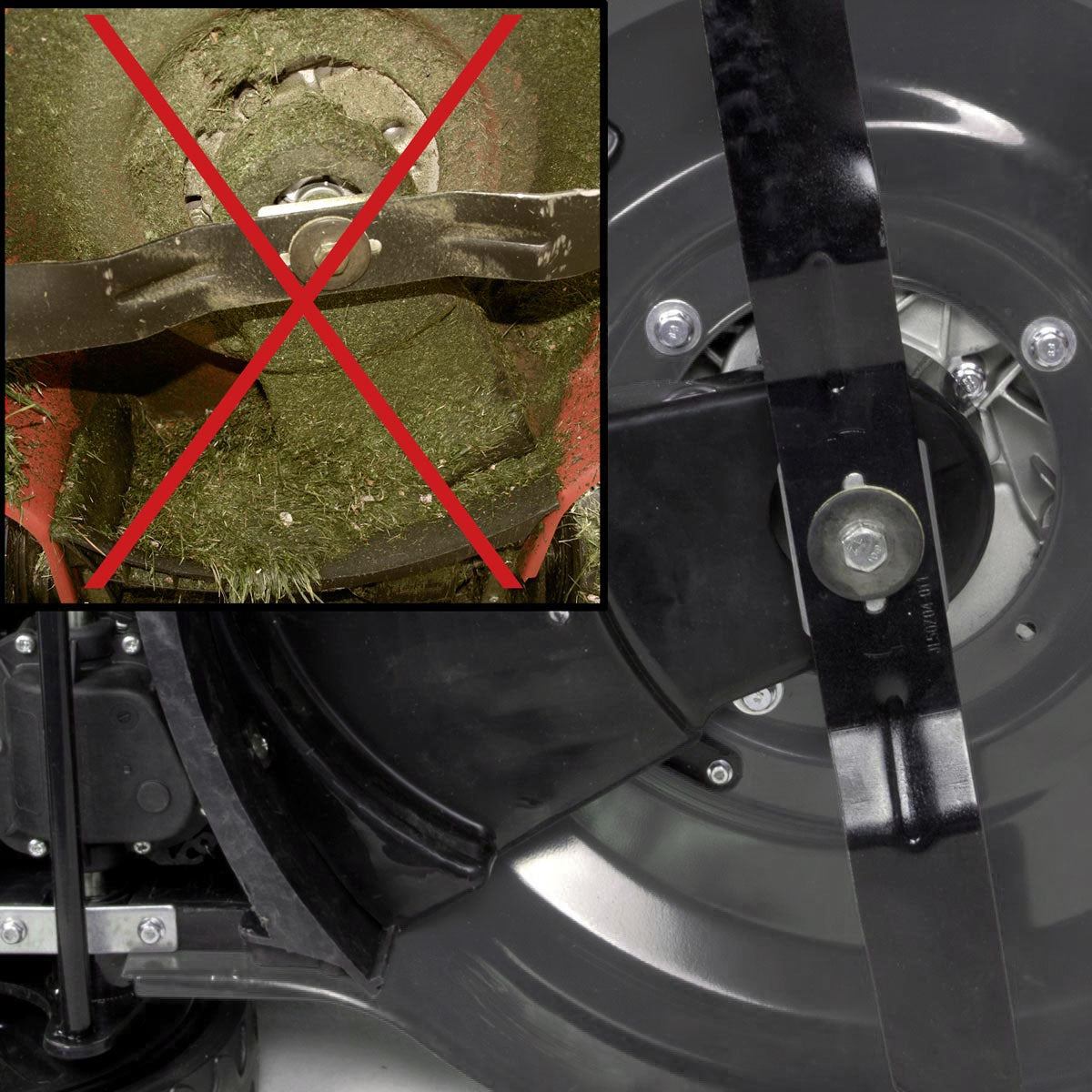 Nahaufnahme des scharfen Metallmessers eines Benzin-Rasenmähers mit Mulchfunktion, umgeben von robustem Rad und schwarzem.