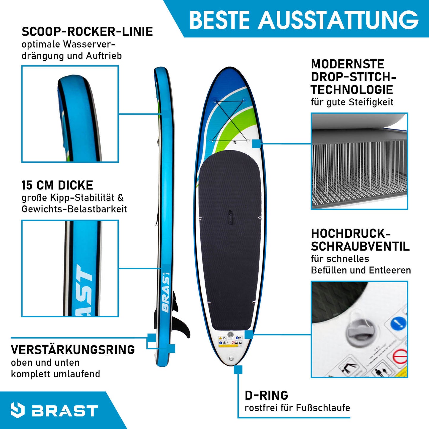 Aufblasbares SUP Board SPEED 320 in Blau mit moderner Drop-Stitch-Technologie und Hochdruck-Schraubventil, SUP Paddel nicht.