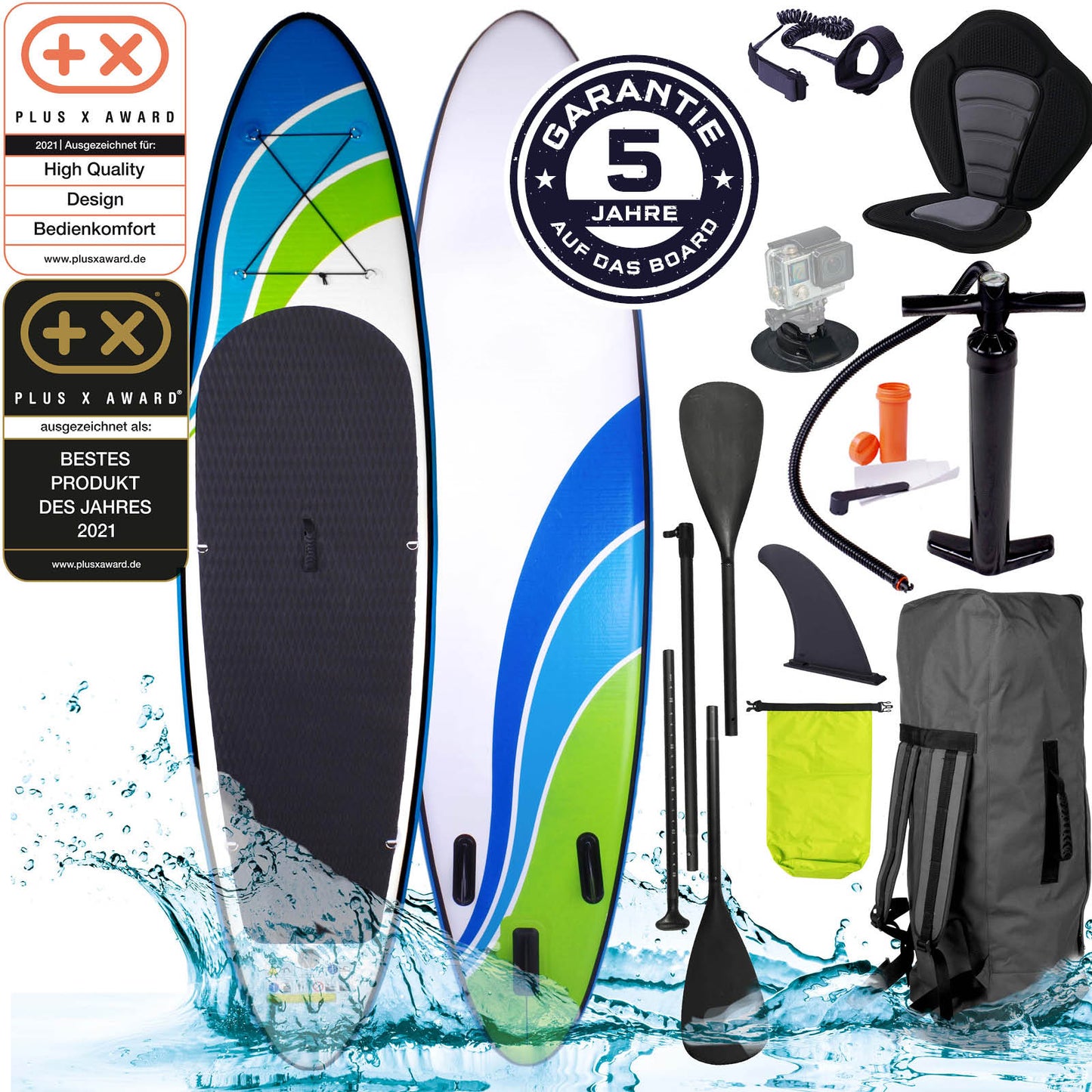 Aufblasbares SUP Board SPEED 320 mit blau-grünem Design, inklusive Paddel, Pumpe, Rucksack und Zubehör für Standuppaddle.